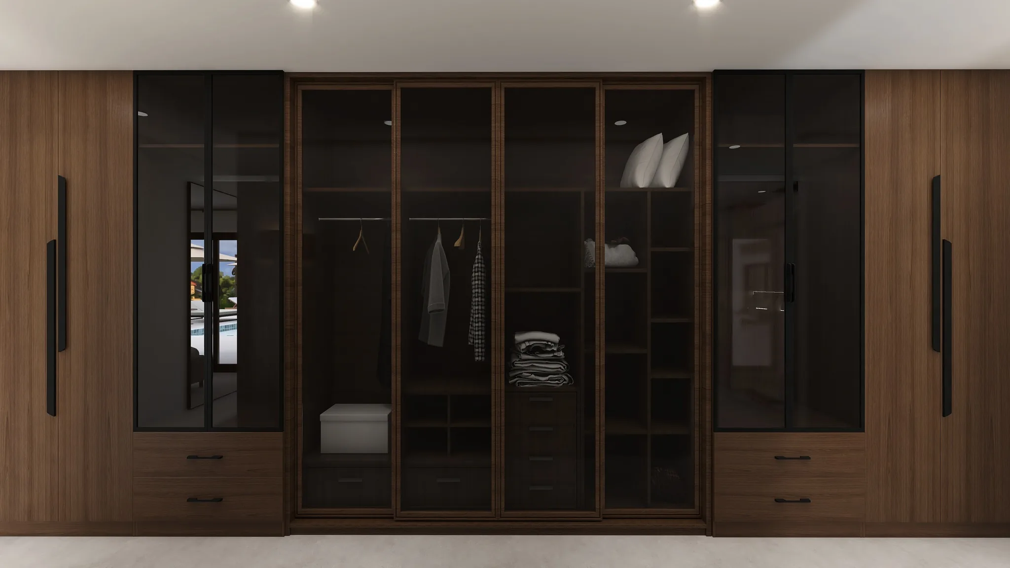 Rendu 3D d’un dressing : façades en noyer et vitres fumées, penderies éclairées.