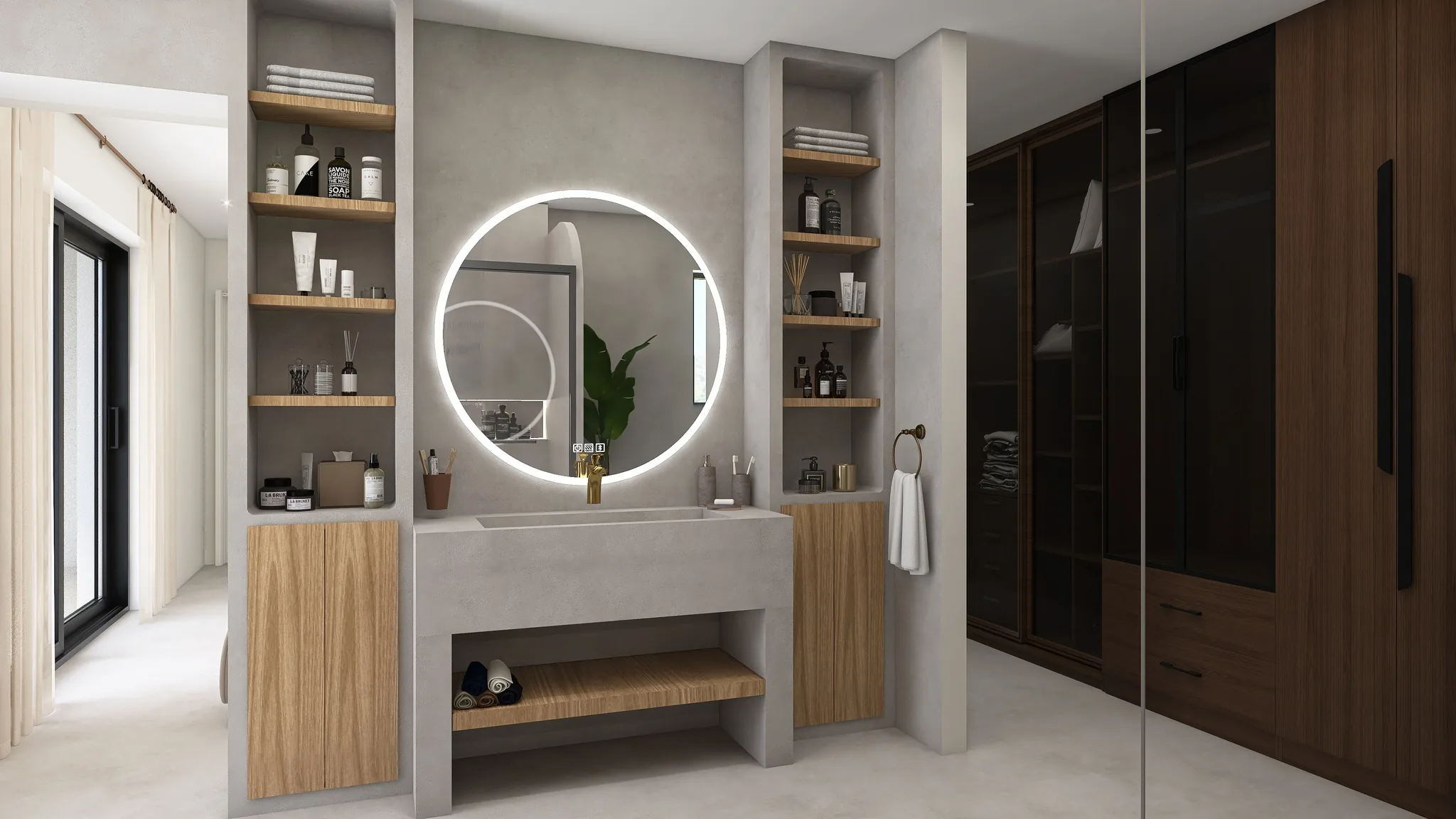 Rendu 3D d’une salle d’eau : plan vasque en béton, grand miroir rond éclairé, étagères en bois, dressing vitré.