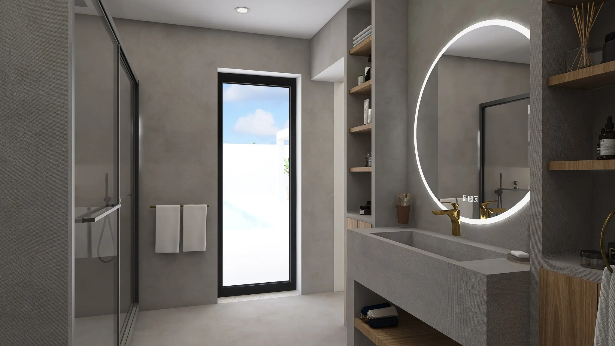 Rendu 3D d’une salle d’eau : vasque en béton, miroir rond lumineux, douche vitrée, robinetterie dorée.