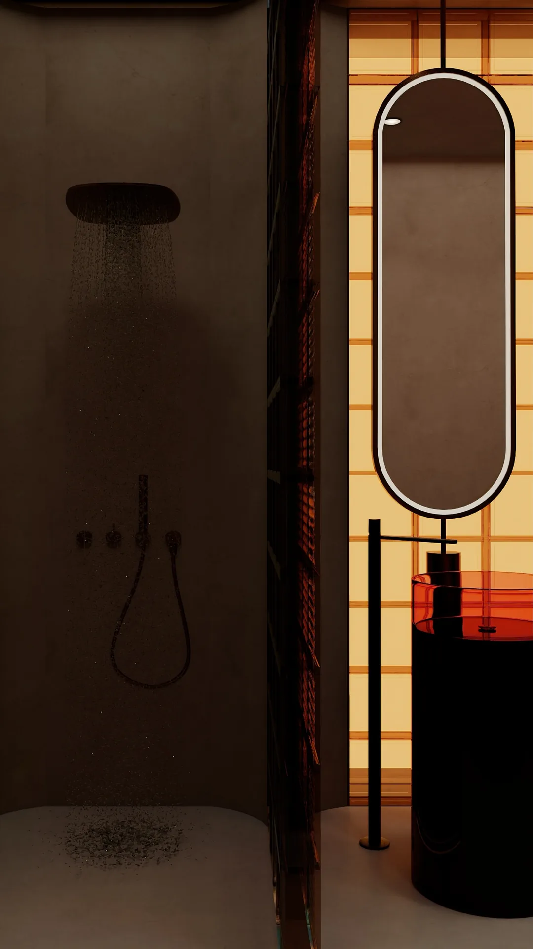 Rendu 3D d’une salle de bains : douche à l’italienne aux murs sombres, paroi lumineuse en quadrillage ambré, miroir en gélule.