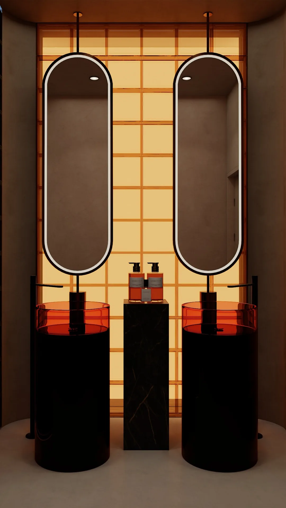 Rendu 3D d’une salle de bains : deux vasques rouges posées sur des colonnes noires, miroirs en gélule, lumière ambrée.