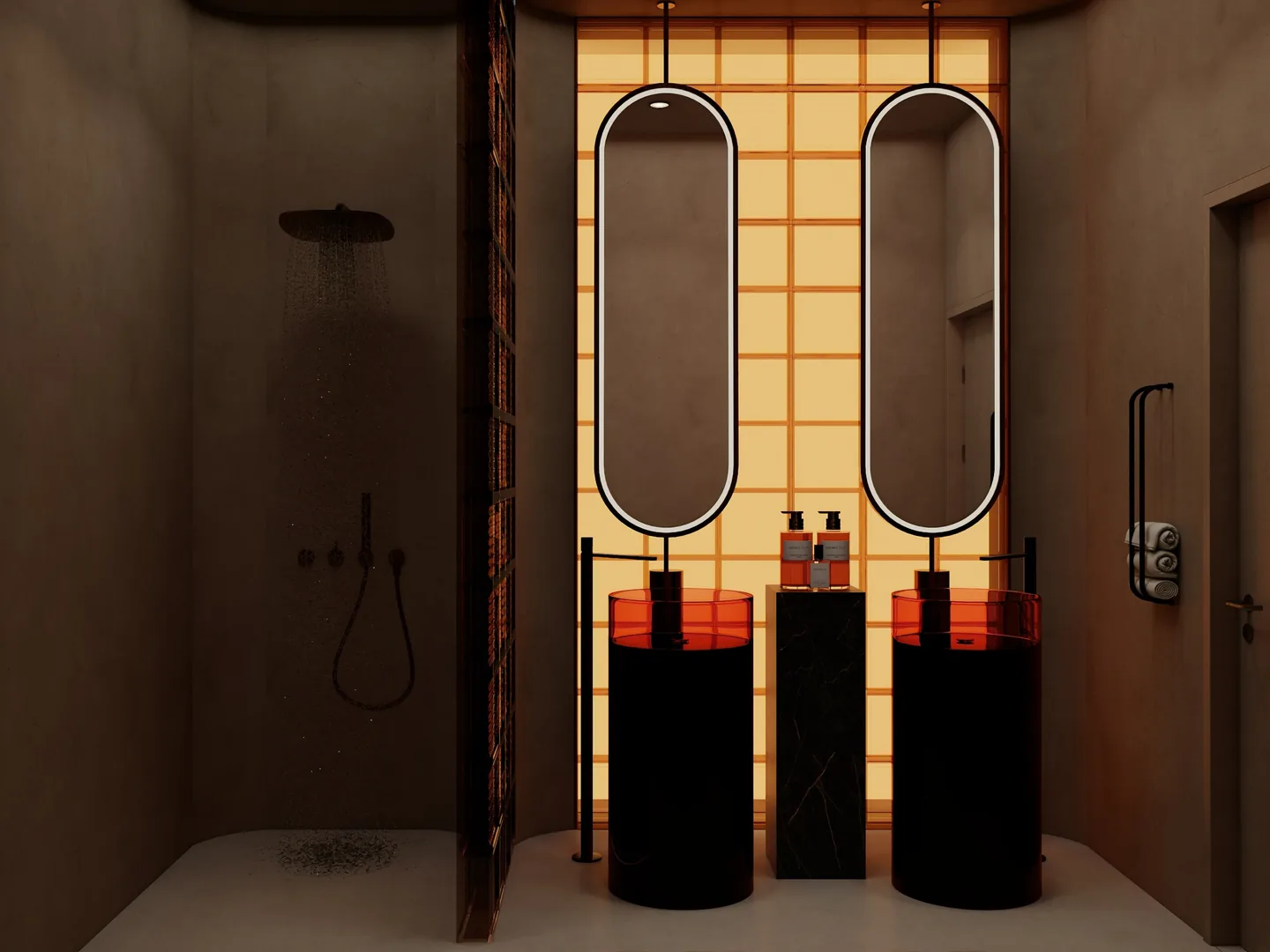 Rendu 3D d’une salle de bains : douche à l’italienne et double vasque sur colonnes noires, paroi lumineuse ambrée, murs brun sombre.