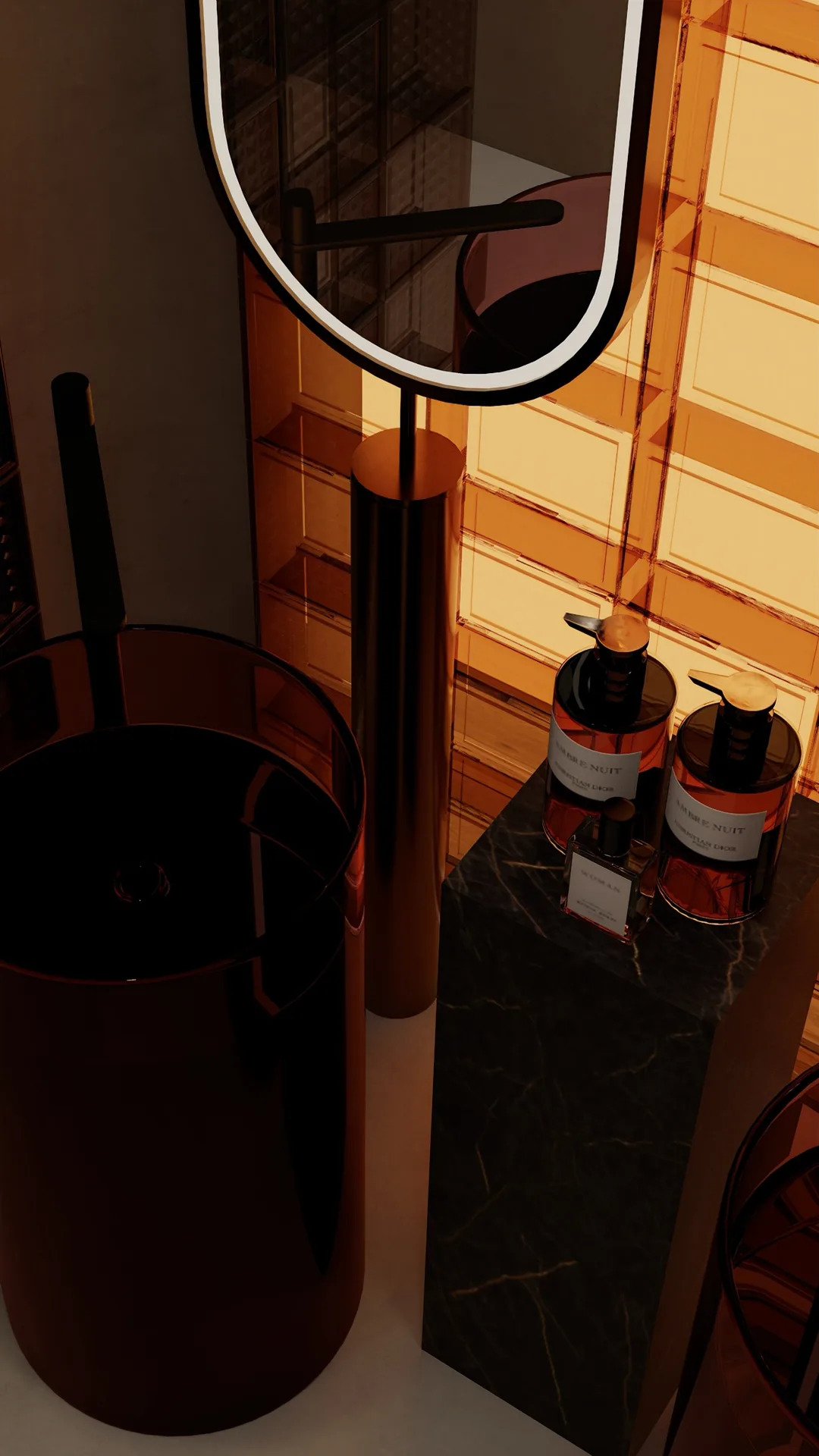 Rendu 3D d’un détail de salle de bains : vasque rouge sur colonne noire, miroir en gélule, paroi lumineuse ambrée.