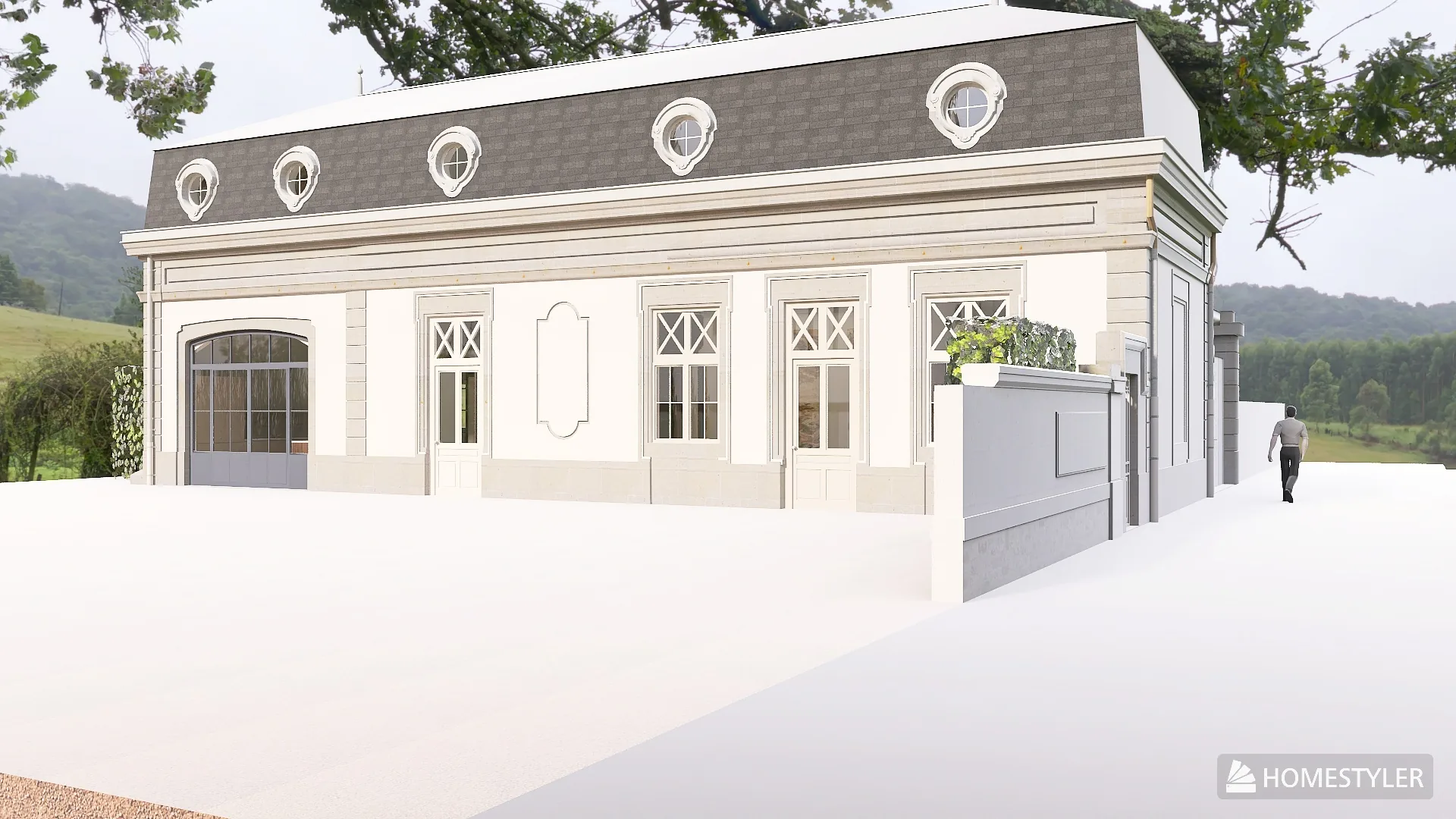 Rendu 3D d’une maison de maître : façade claire, toit mansardé aux lucarnes rondes, fenêtres à croisillons.