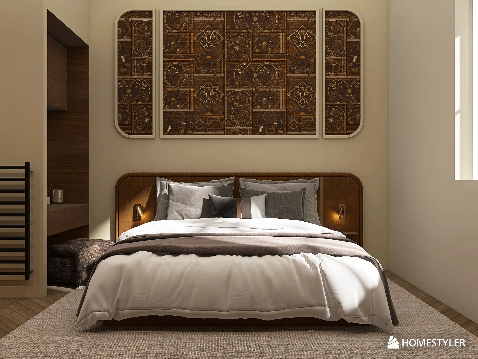 Rendu 3D d’une chambre : tête de lit en bois cintrée, panneaux décoratifs à motifs anciens au mur, linge blanc et brun.