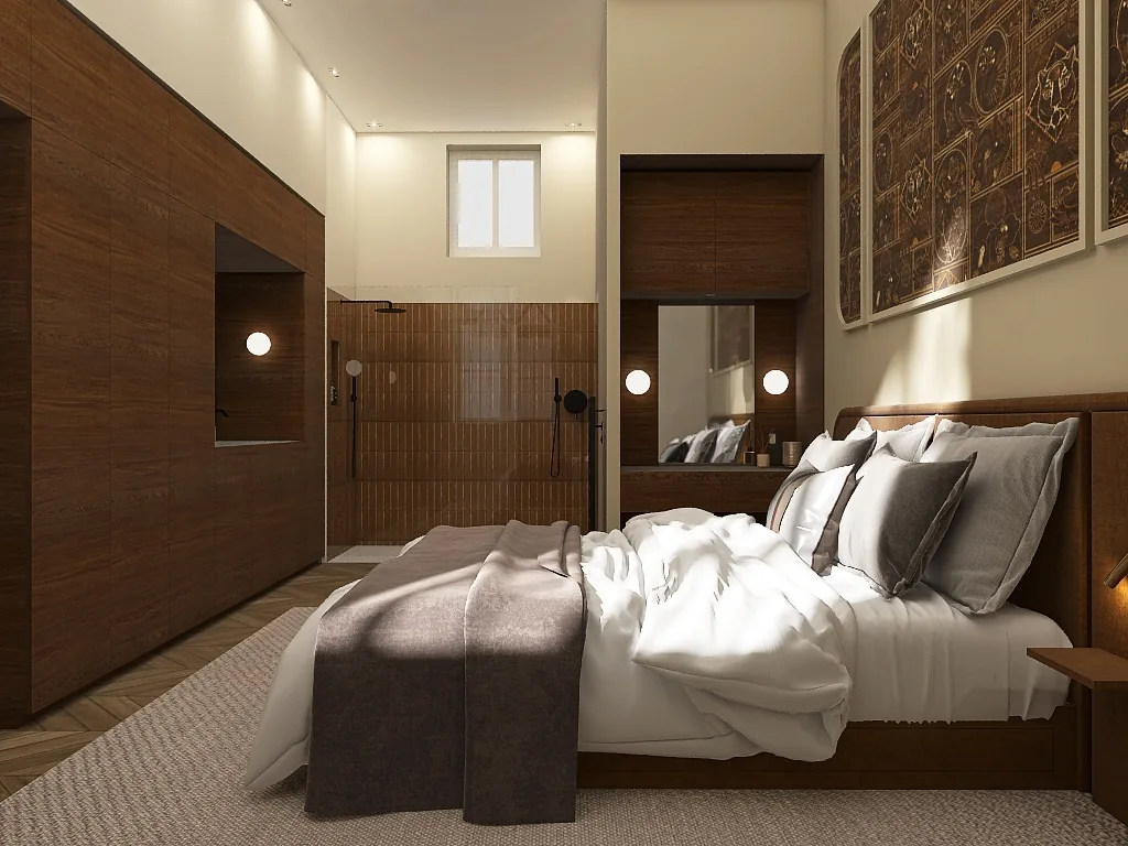 Rendu 3D d’une chambre : mur en noyer à niches éclairées, salle d’eau ouverte, linge blanc et brun.
