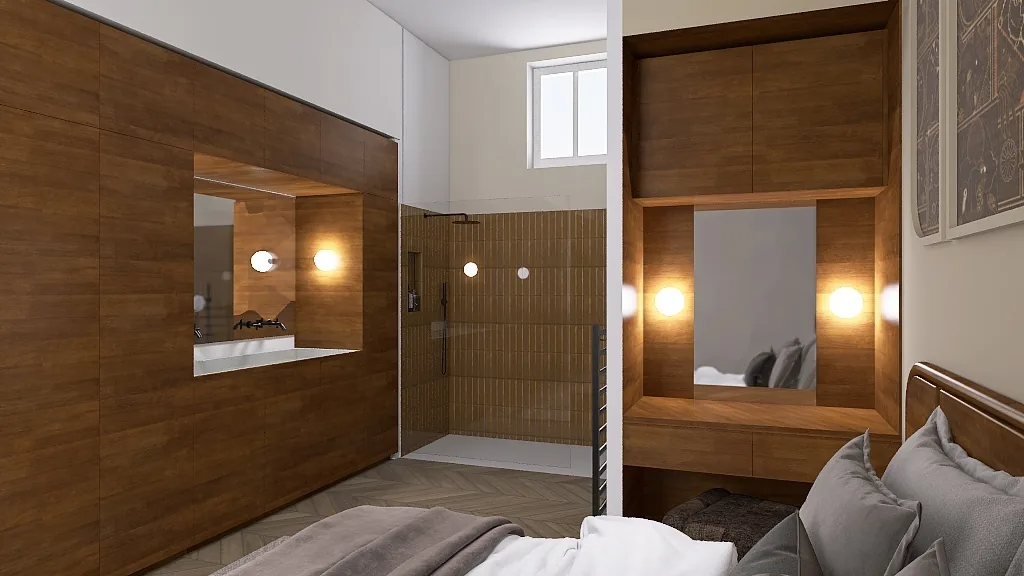 Rendu 3D d’une chambre : paroi en noyer, vasque encastrée dans une niche, douche habillée de bois, lit au linge gris.