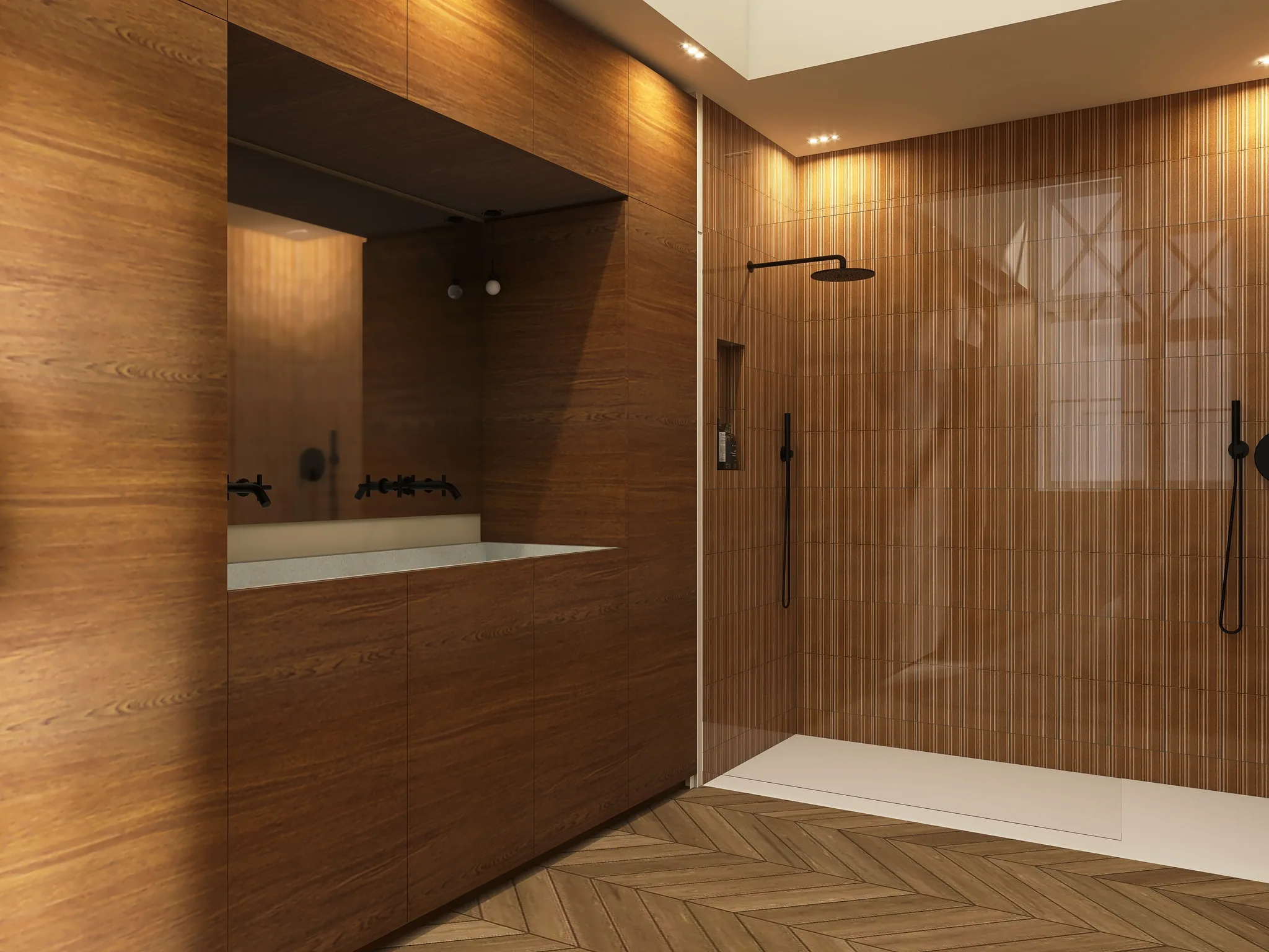 Rendu 3D d’une salle d’eau en noyer : vasque encastrée, douche au carrelage en bois cannelé, parquet en chevrons.