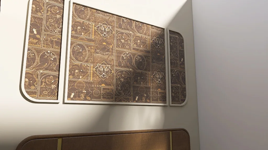 Rendu 3D d’un détail : panneaux décoratifs à motifs anciens, encadrés de bois clair, au-dessus d’une tête de lit.