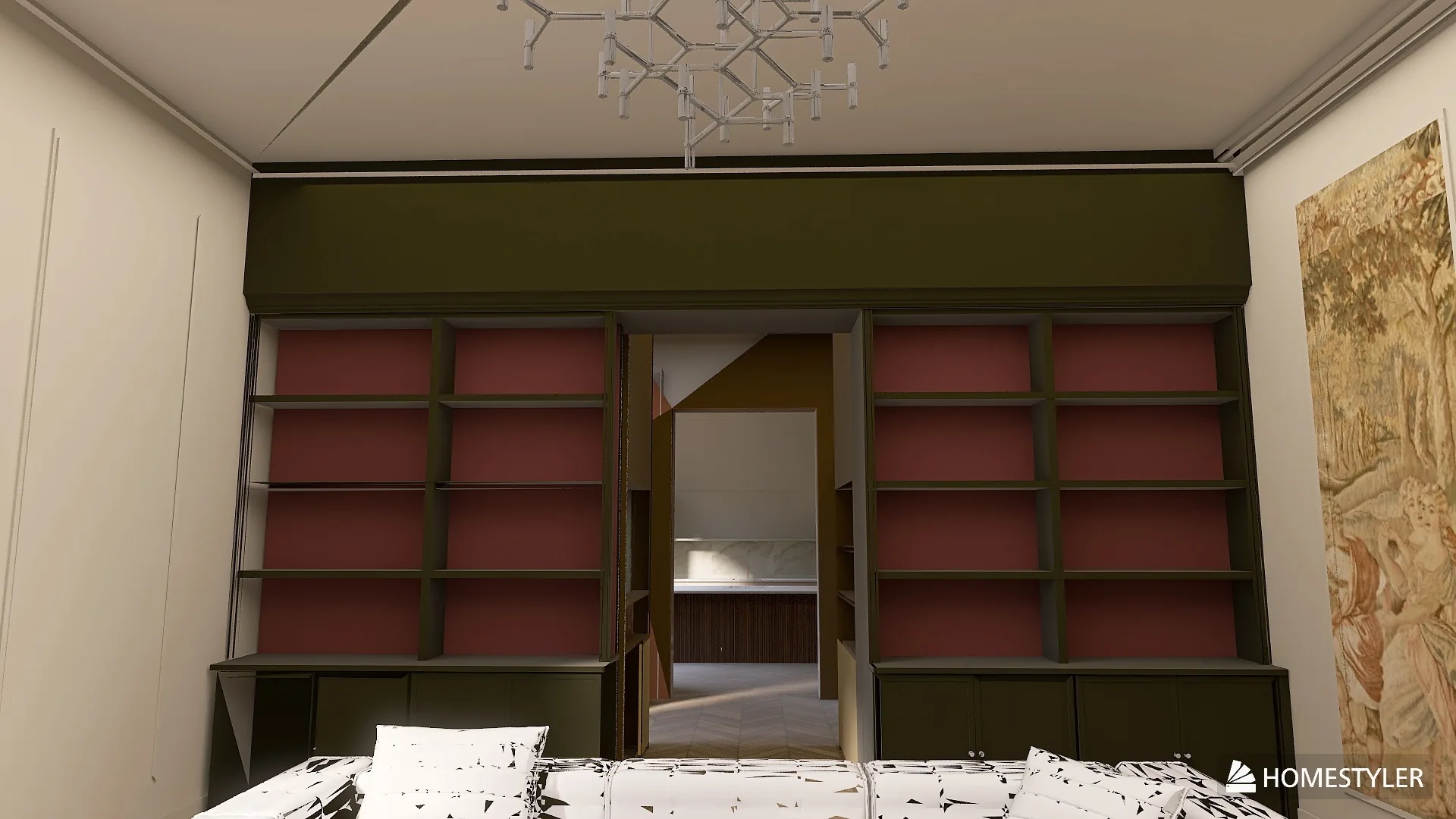 Rendu 3D d’un salon : bibliothèque olive aux fonds rouges, passage vers une autre pièce, tapisserie ancienne.