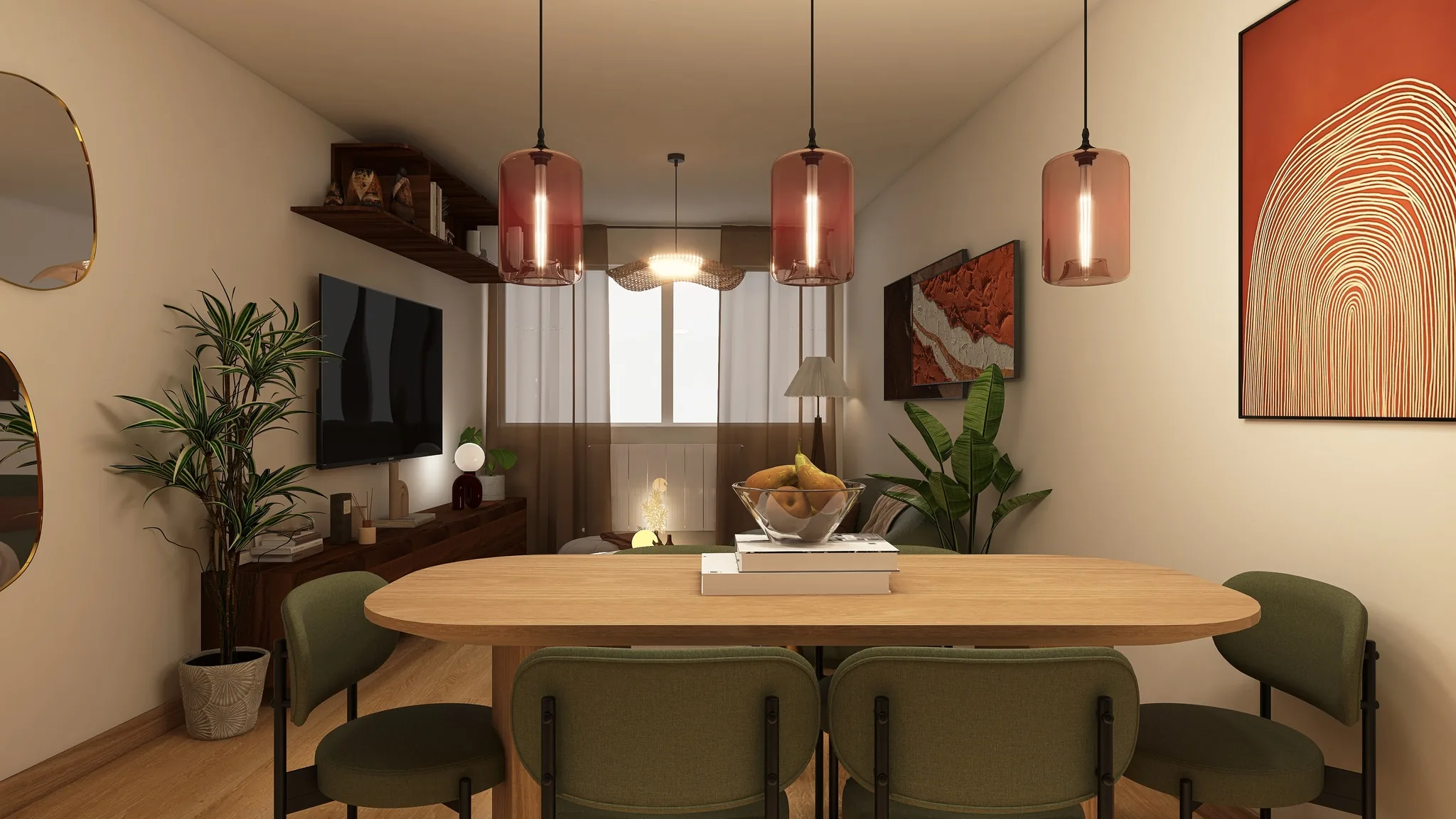 Rendu 3D d’une salle à manger : table ovale en bois, chaises vert olive, suspensions en verre ambré, tableau terre cuite.