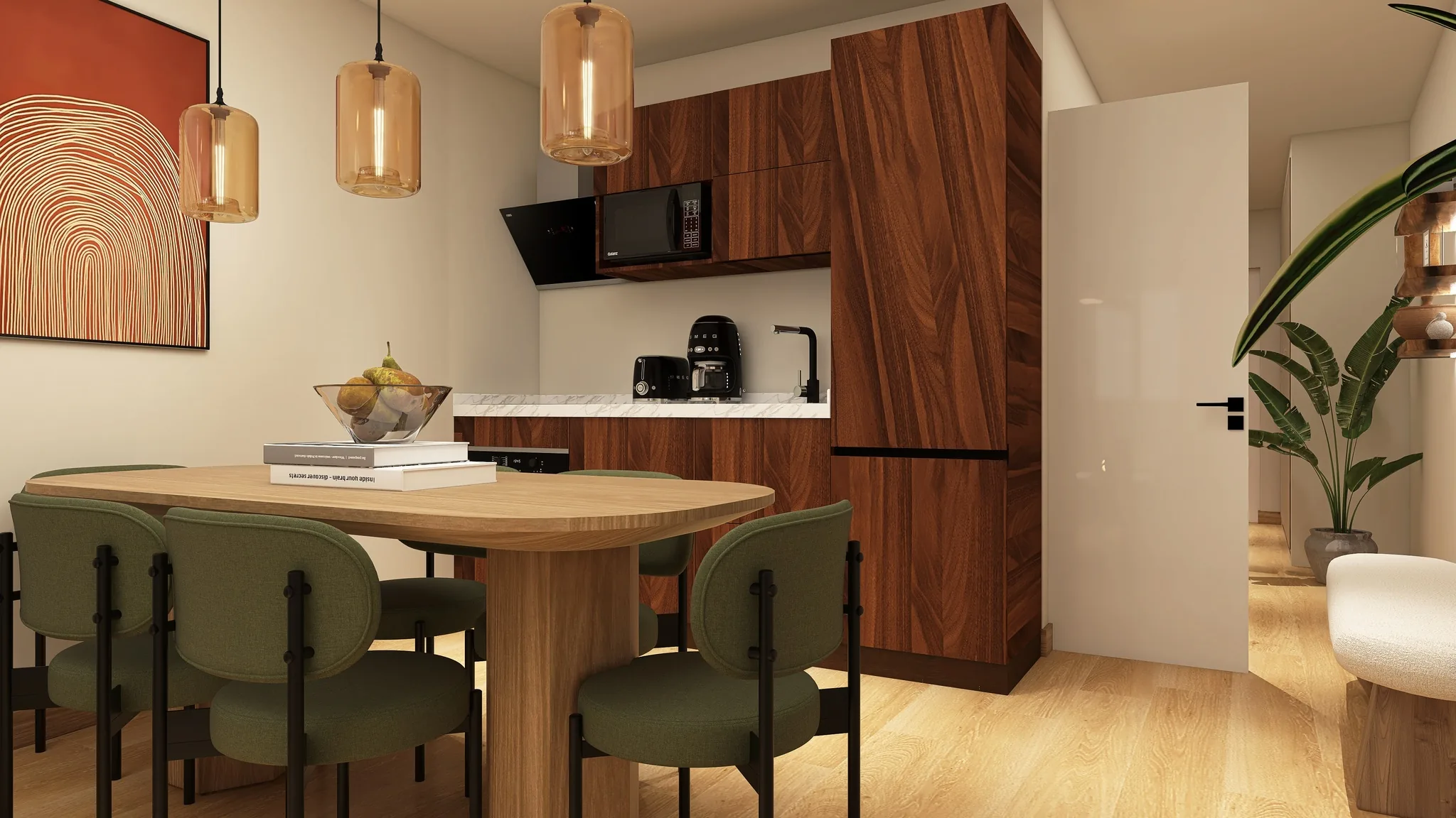Rendu 3D d’une cuisine ouverte : façades en noyer, table en bois et chaises vert olive, suspensions ambrées.