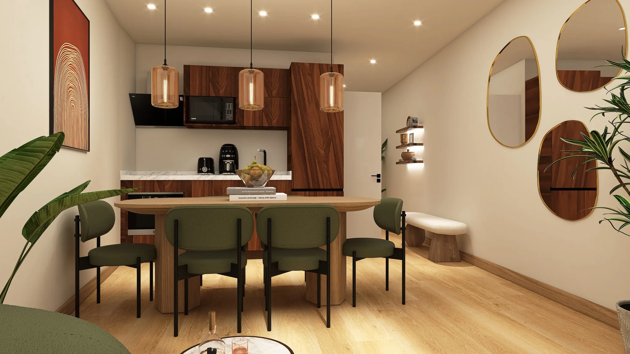 Rendu 3D d’une pièce à vivre : table en bois et chaises vertes, cuisine en noyer, miroirs aux formes libres.