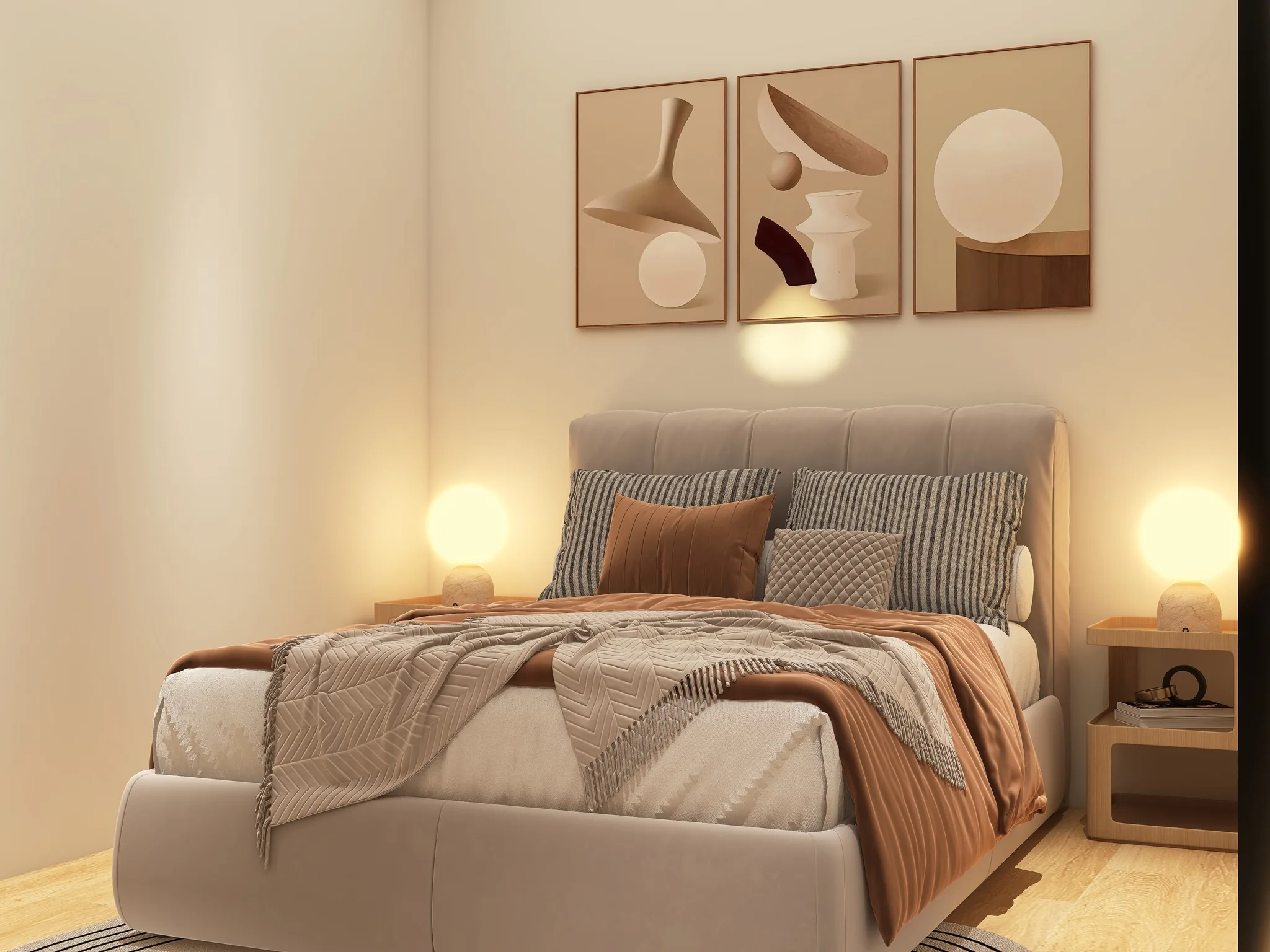 Rendu 3D d’une chambre : tête de lit grise capitonnée, linge beige et terre cuite, trois tableaux, lampes boules.