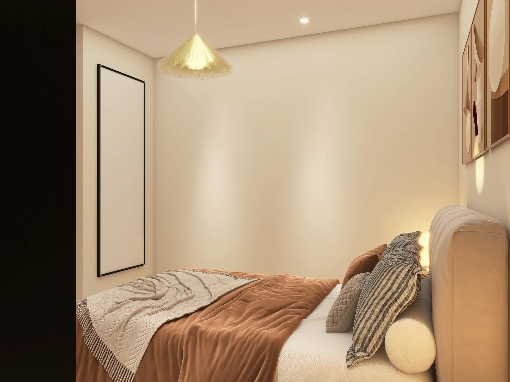 Rendu 3D d’une chambre : lit au linge terre cuite, coussins rayés, suspension en éventail doré.