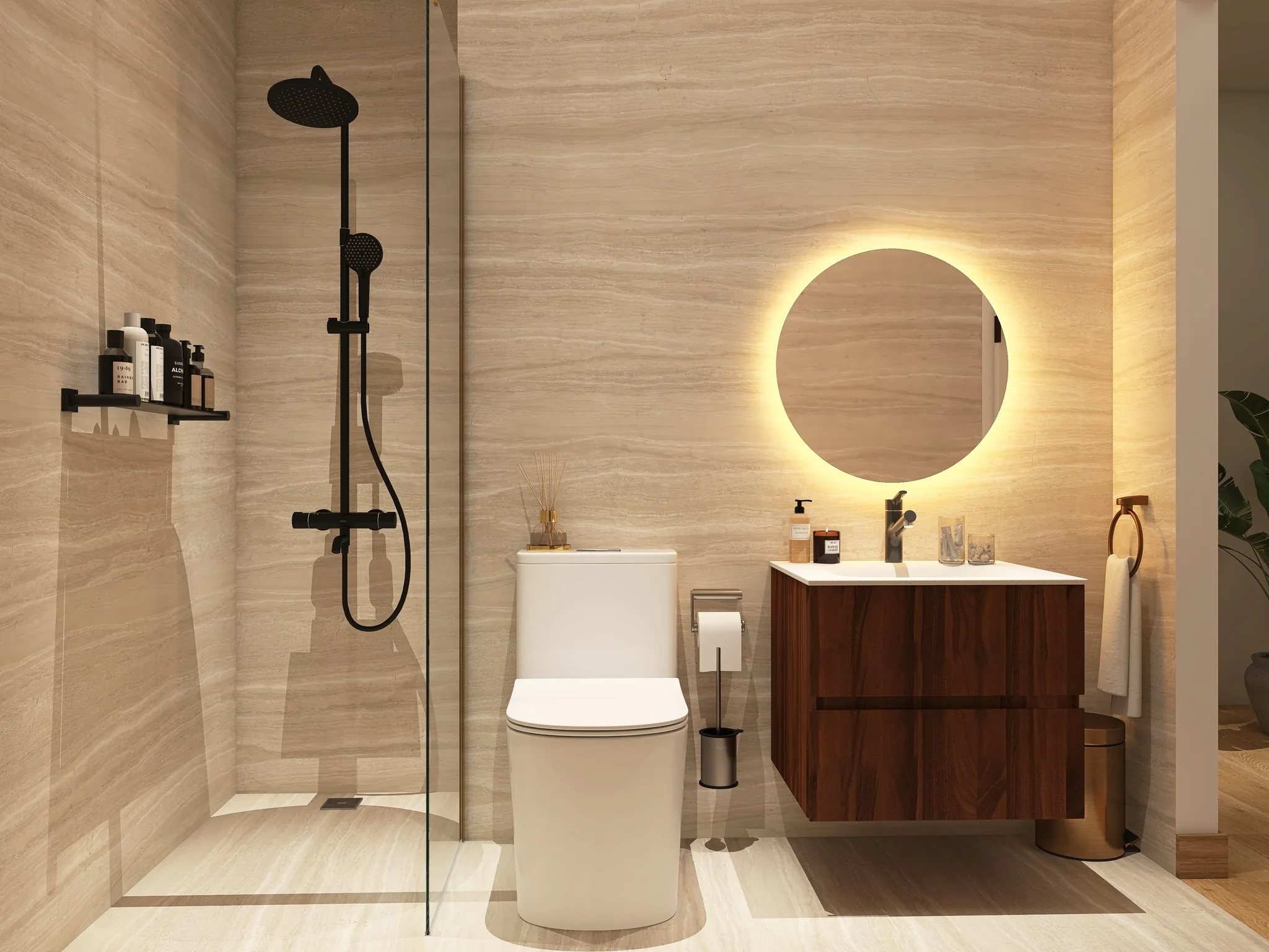 Rendu 3D d’une salle d’eau : douche vitrée à colonne noire, miroir rond rétroéclairé, meuble vasque en noyer, mur effet travertin.