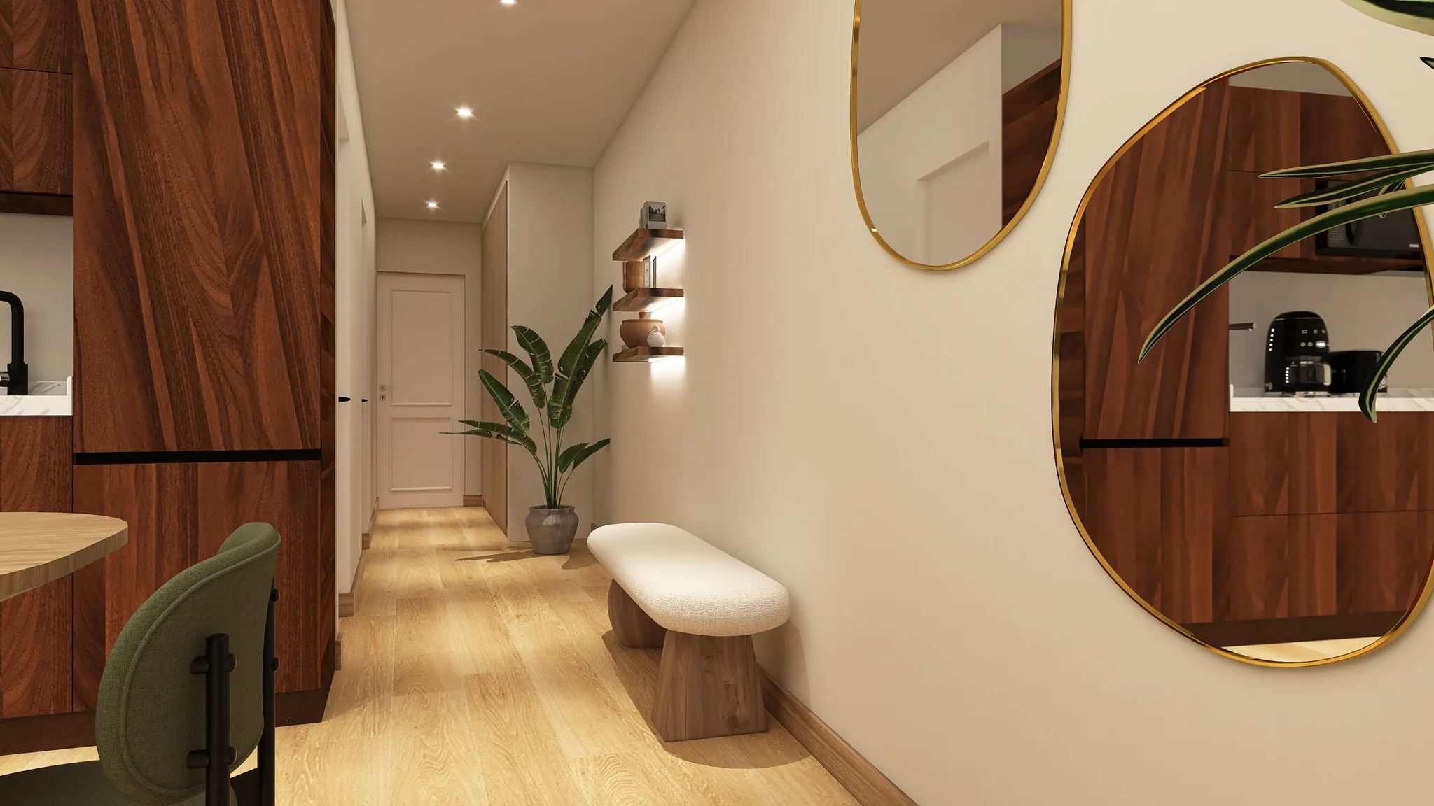 Rendu 3D d’une entrée : miroirs aux formes libres sur une armoire en noyer, banc rembourré, couloir clair.