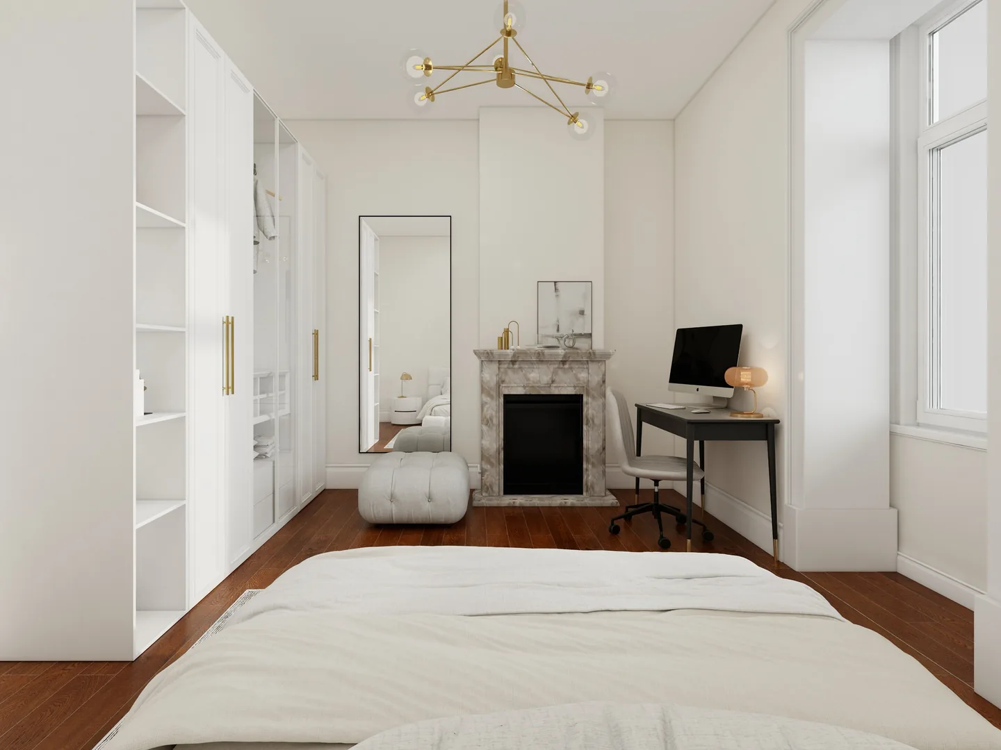 Rendu 3D d’une chambre : cheminée en marbre, placards blancs, bureau noir, lustre en laiton, parquet.