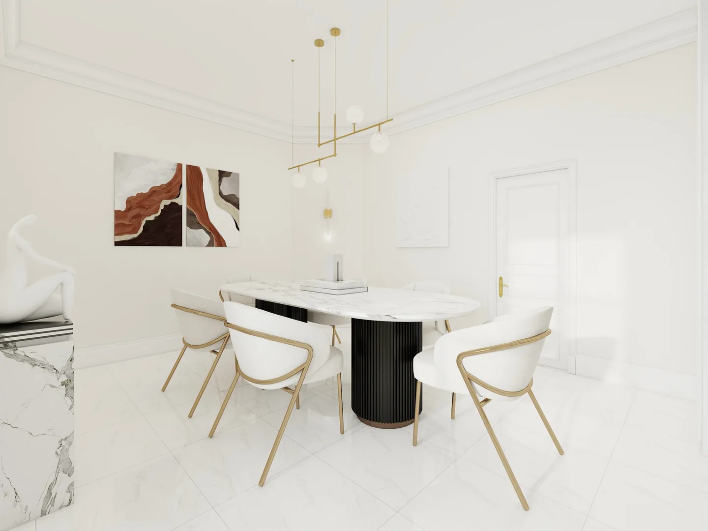 Rendu 3D d’une salle à manger : table ovale blanche sur pied noir, chaises blanches, suspensions en laiton, tableau abstrait.