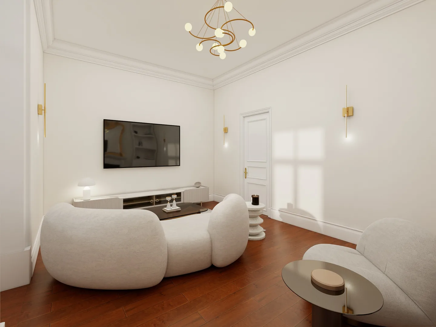 Rendu 3D d’un salon : canapé arrondi en bouclette blanche, lustre en laiton, moulures, télévision murale, parquet sombre.