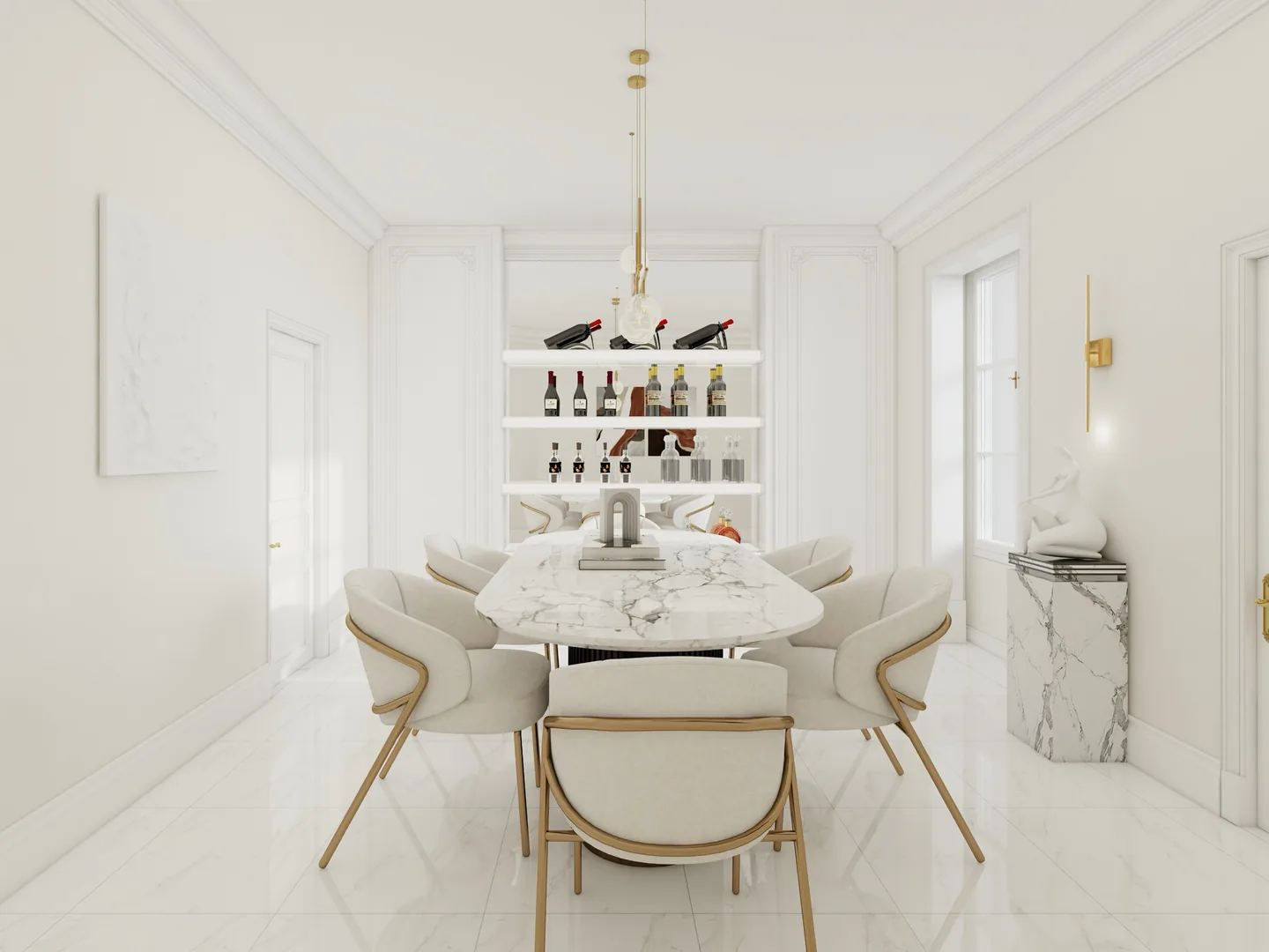 Rendu 3D d’une salle à manger : table ovale en marbre, chaises blanches au piétement doré, étagères éclairées, suspension en laiton.