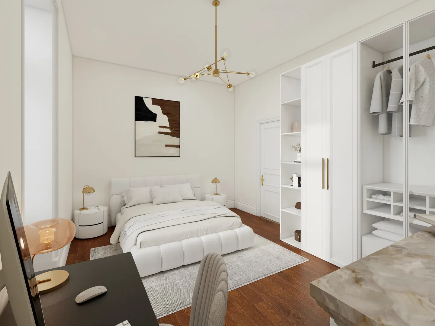 Rendu 3D d’une chambre : lit blanc capitonné, dressing ouvert, lustre en laiton, tableau abstrait, parquet.