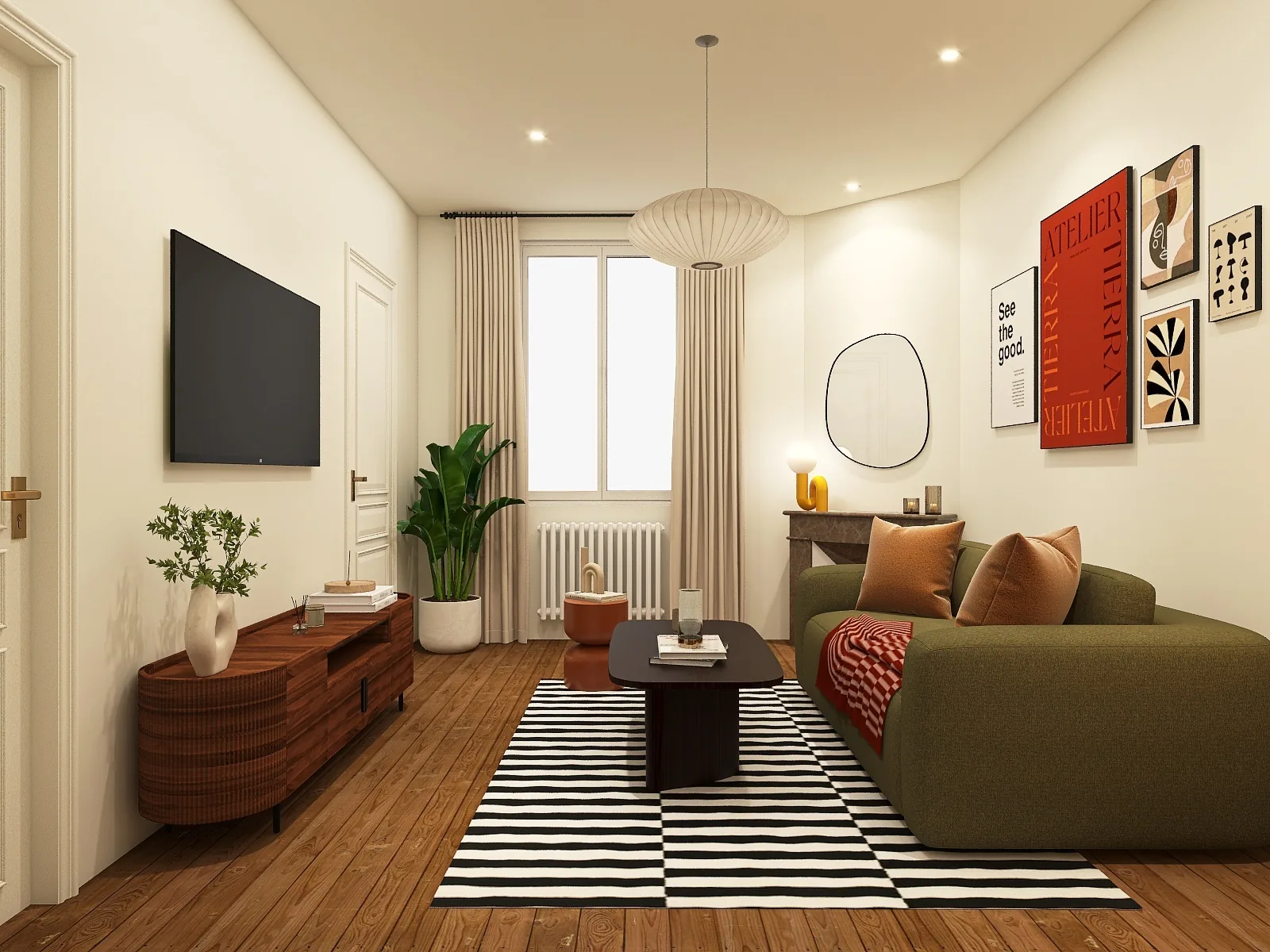 Rendu 3D d’un séjour : canapé vert olive, tapis rayé noir et blanc, meuble télé en noyer, affiches graphiques, parquet.