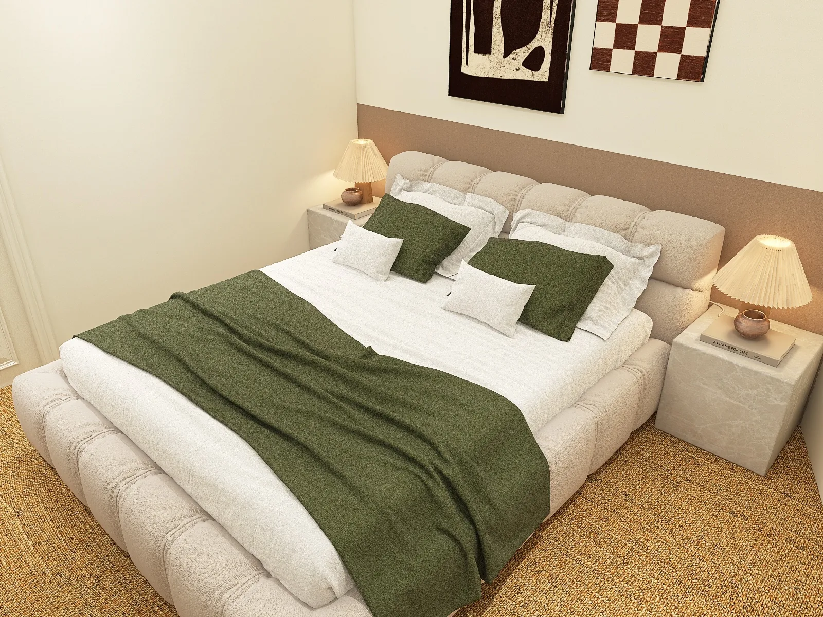 Rendu 3D d’une chambre : lit capitonné blanc, plaid vert, lampes en céramique, tableaux en damier.
