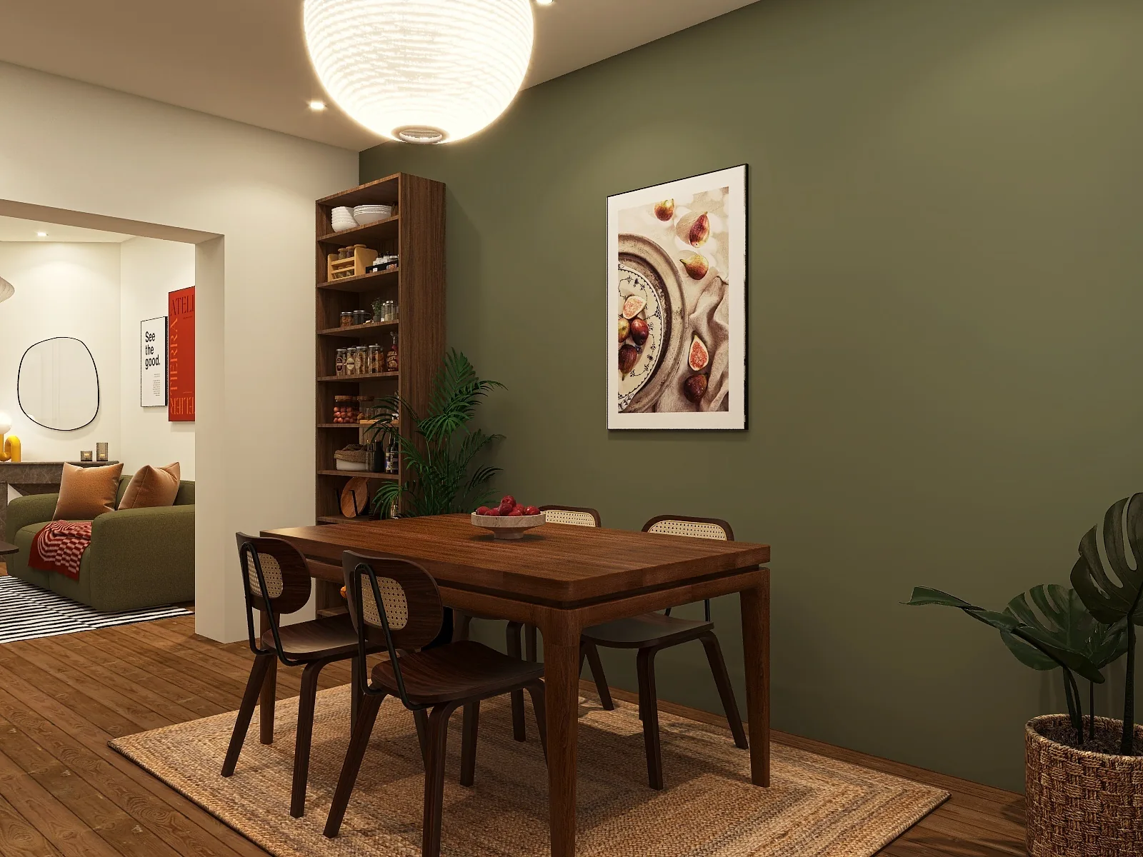Rendu 3D d’une salle à manger : mur vert sauge, table en noyer, chaises cannées, bibliothèque, tableau au mur.