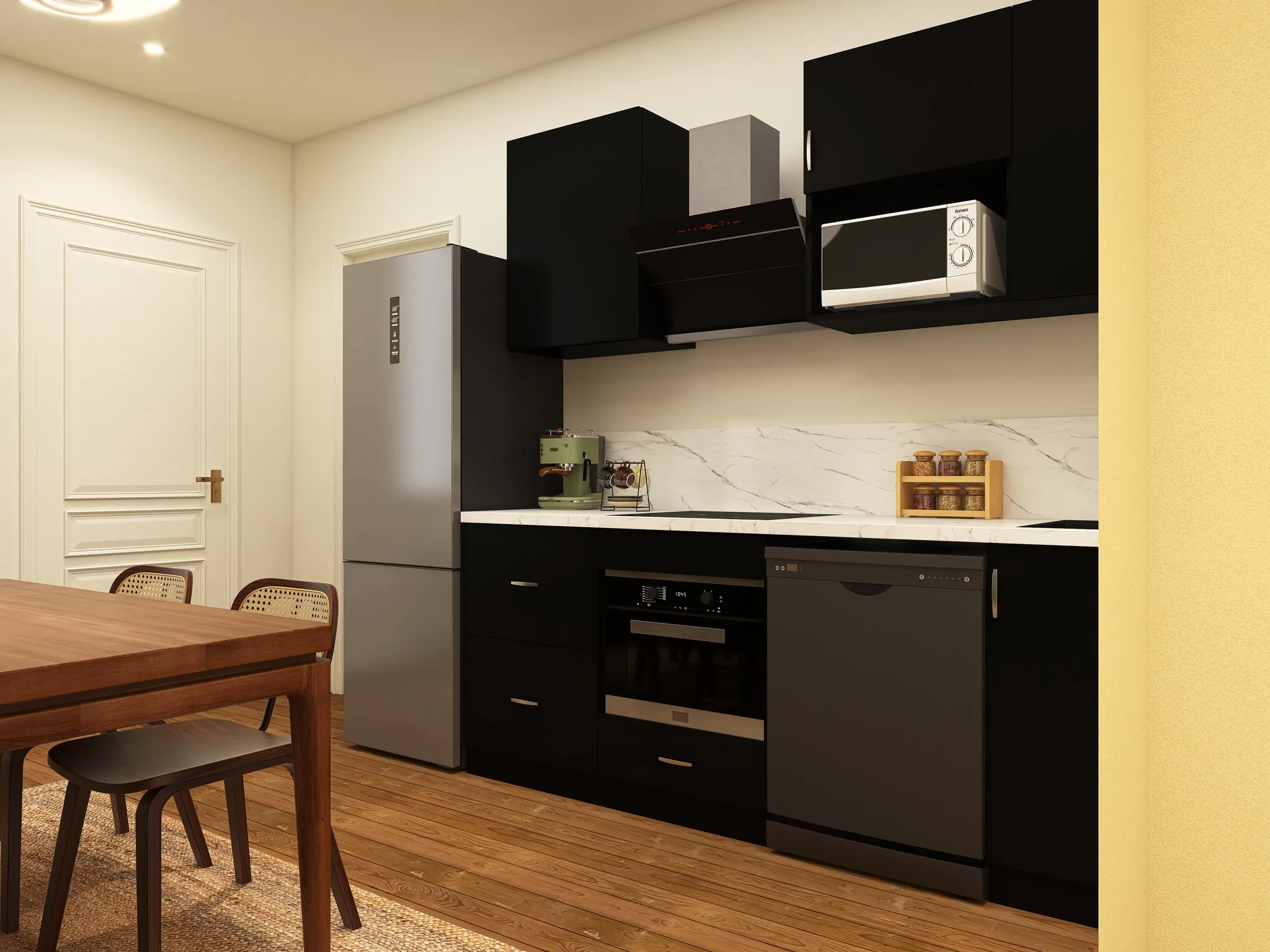 Rendu 3D d’une cuisine : façades noires, plan de travail en marbre, réfrigérateur inox, mur jaune pâle.