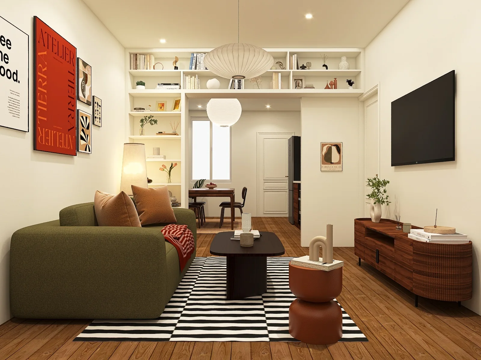 Rendu 3D d’un séjour : canapé vert olive, bibliothèque blanche sous le plafond, table basse noire, portes moulurées.
