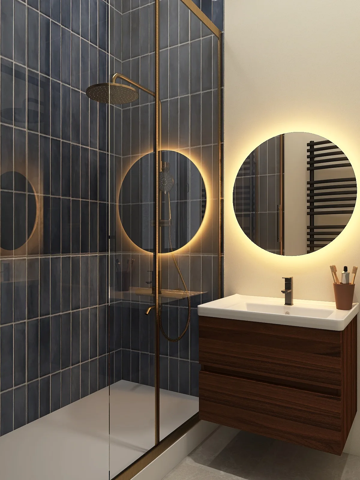 Rendu 3D d’une salle d’eau : carrelage bleu nuit, miroir rond rétroéclairé, meuble vasque en noyer, douche vitrée dorée.