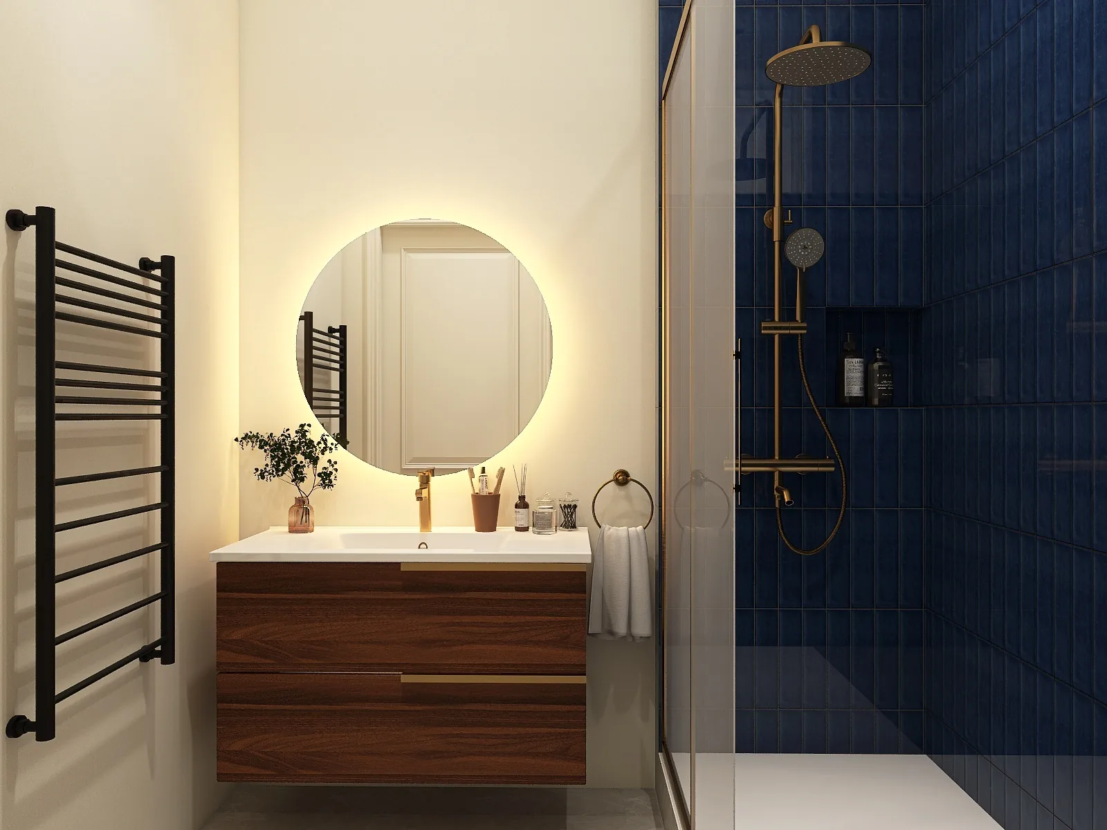 Rendu 3D d’une salle d’eau : sèche-serviettes noir, miroir rond éclairé, meuble vasque en noyer, douche aux carreaux bleu marine.
