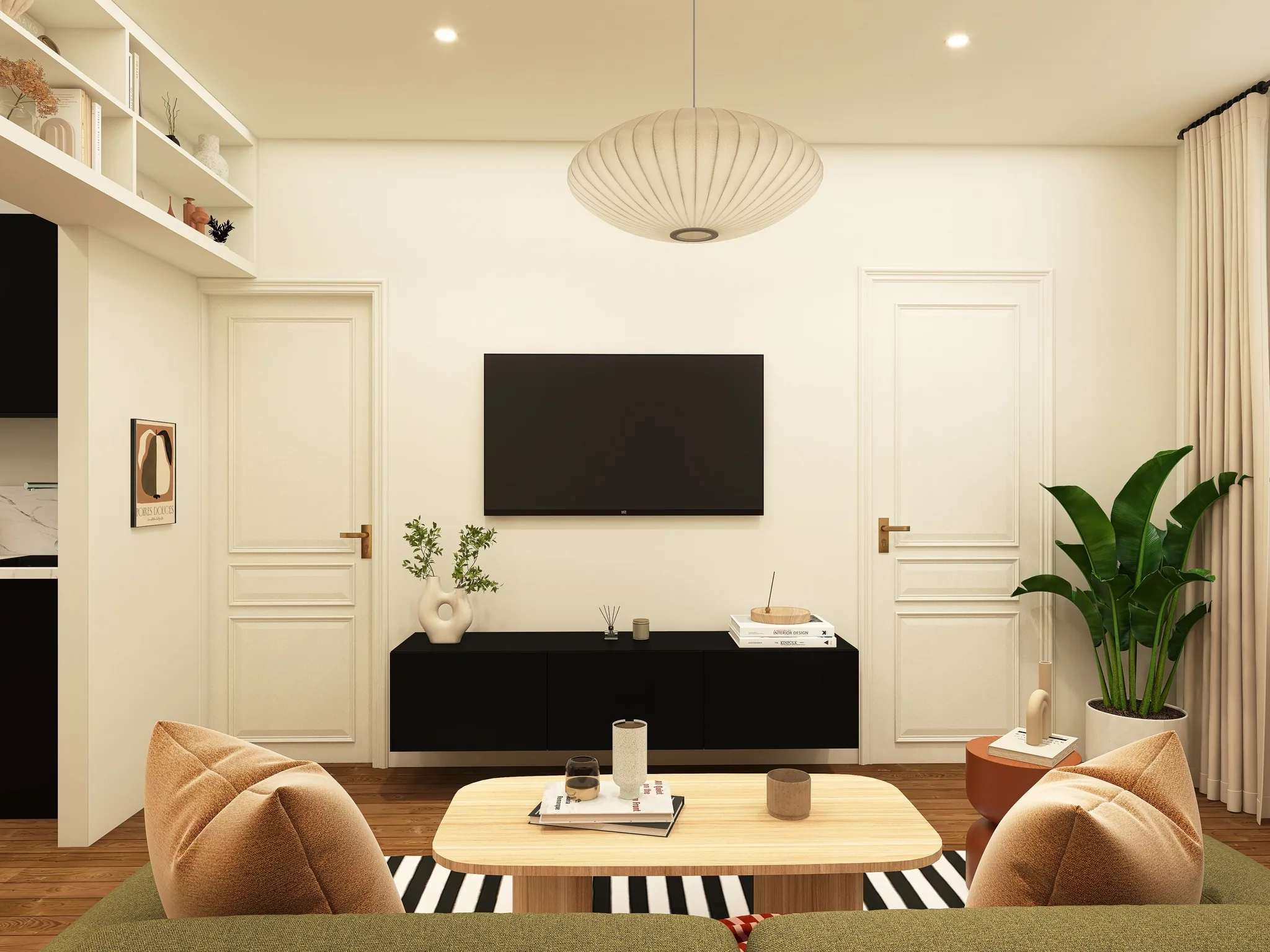 Rendu 3D d’un salon : télévision, meuble noir suspendu, poufs couleur cognac, tapis rayé, portes moulurées.