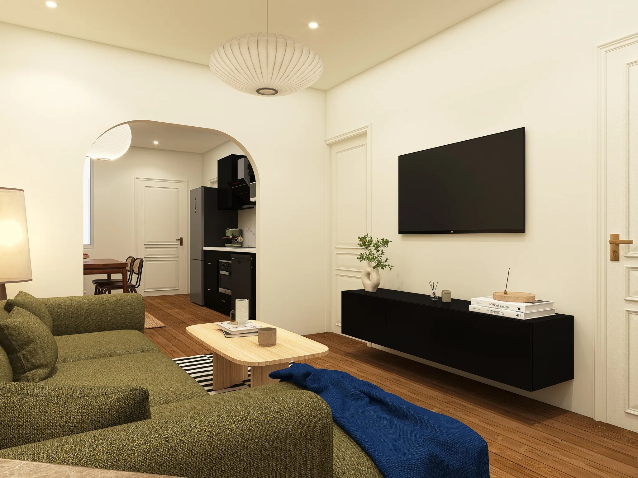Rendu 3D d’un séjour : canapé vert olive et plaid bleu, passage en arche vers la cuisine, meuble télé noir.