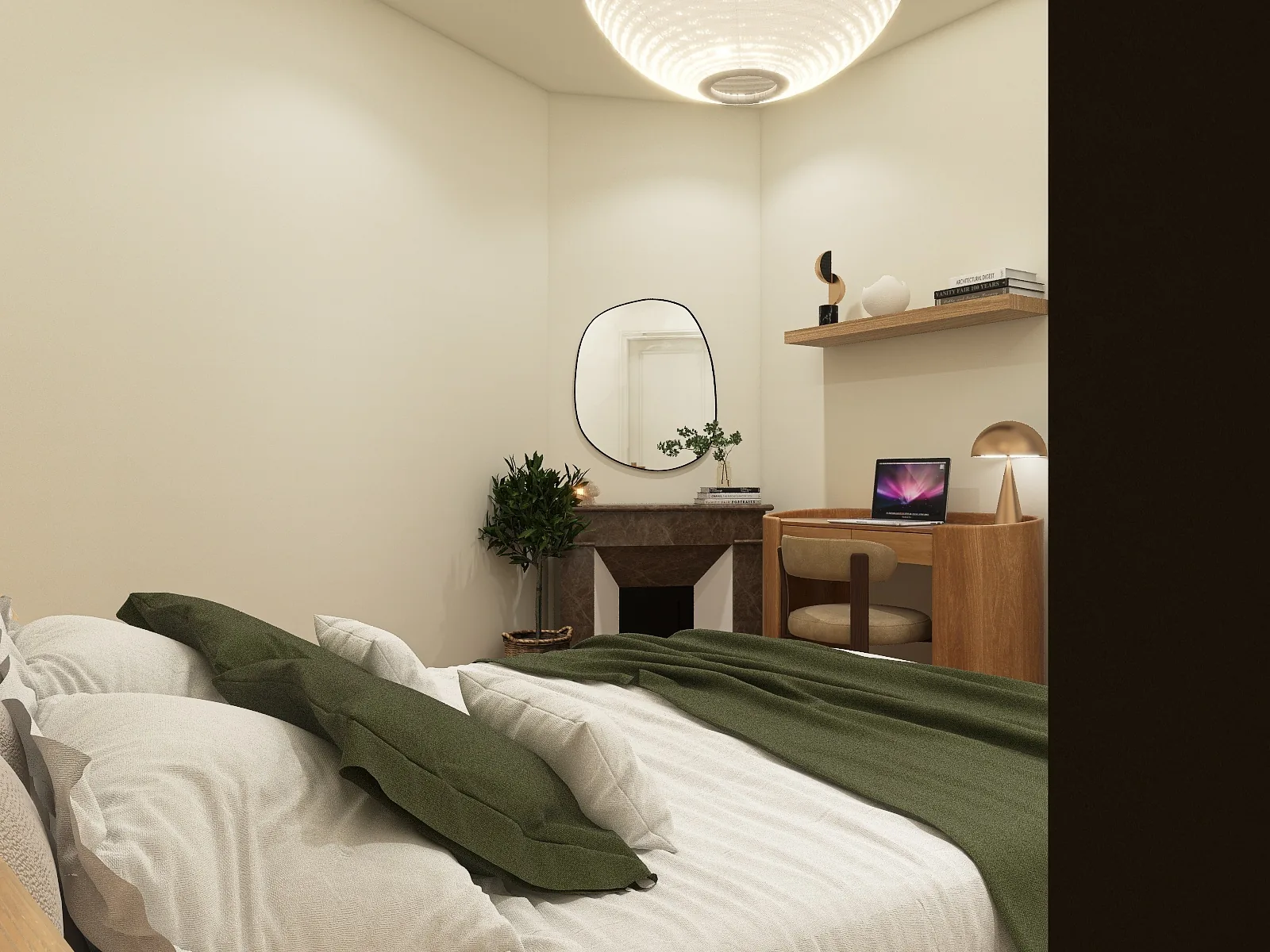 Rendu 3D d’une chambre : linge vert et blanc, cheminée, bureau en bois, miroir aux formes libres.