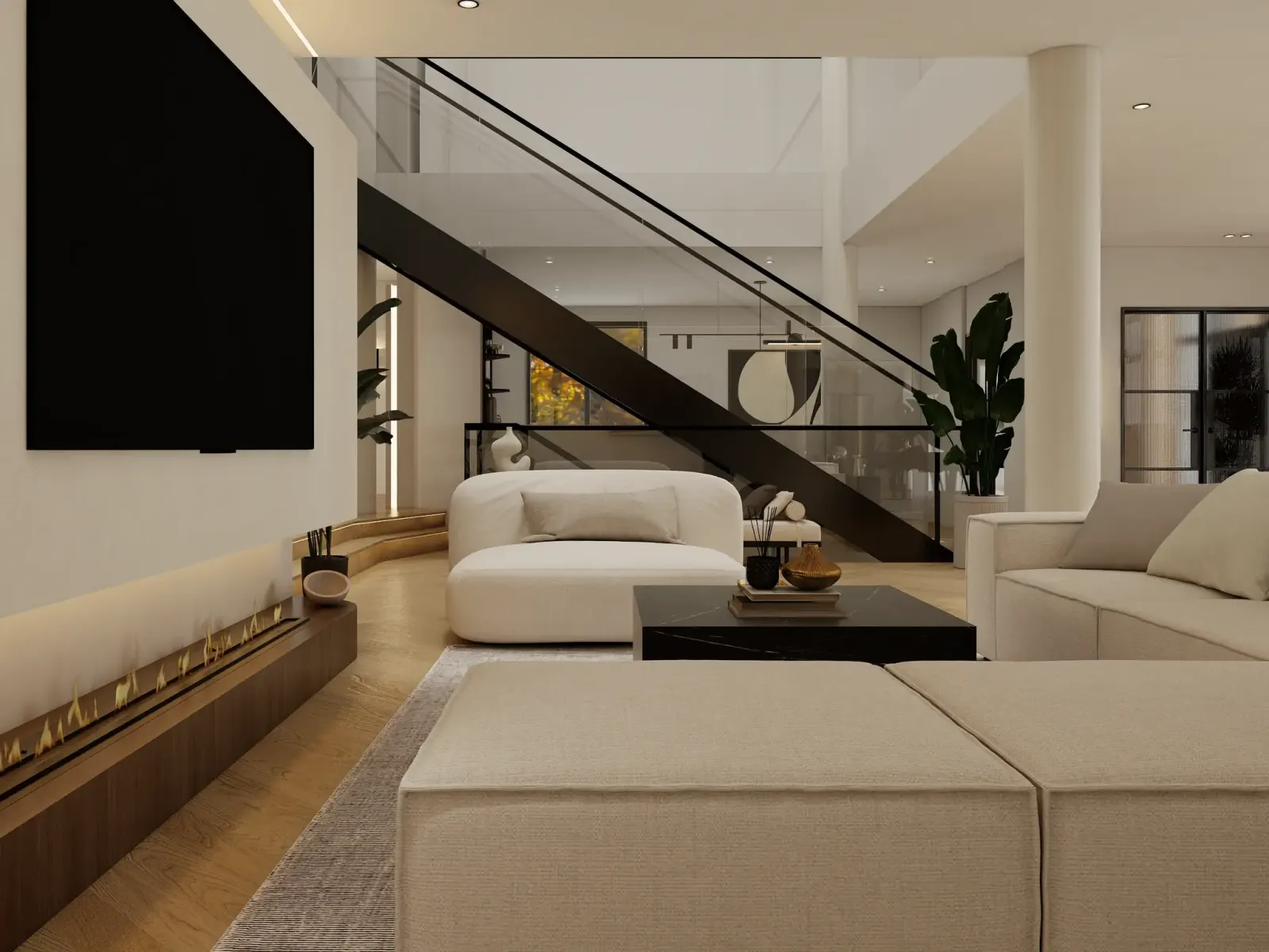 Rendu 3D d’un séjour : canapés beiges, cheminée linéaire, escalier noir à garde-corps en verre.