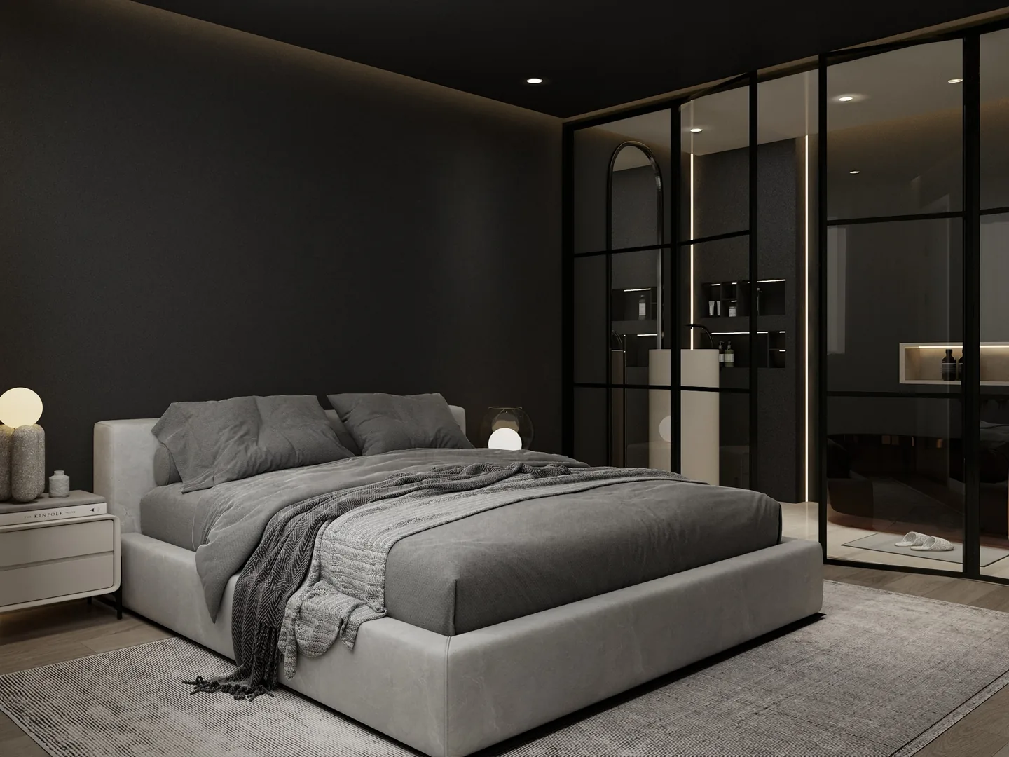 Rendu 3D d’une chambre aux murs noirs : lit gris capitonné, verrière noire vers la salle de bains, éclairage indirect.