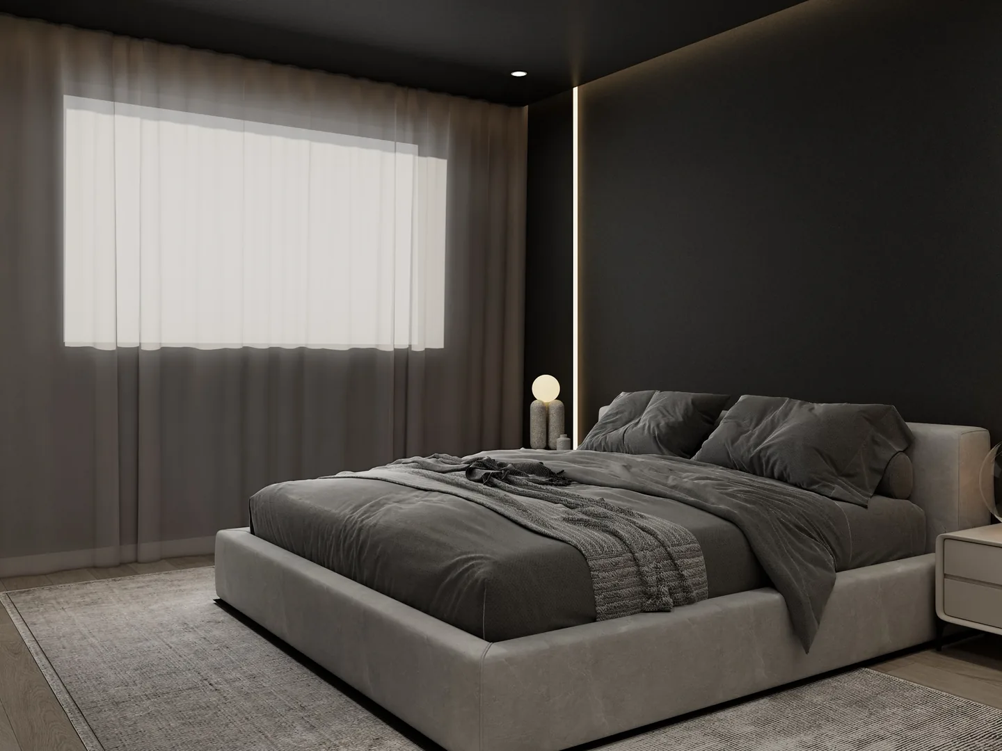 Rendu 3D d’une chambre noire : lit gris, voilage blanc, liseré lumineux vertical, lampe de chevet.