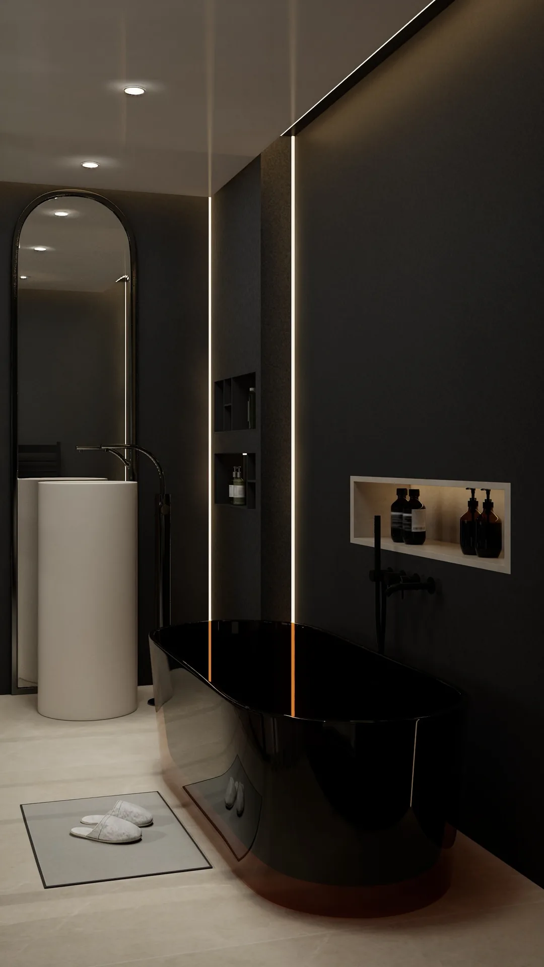 Rendu 3D d’une salle de bains noire : vasque colonne, baignoire, niche éclairée, miroir en arche.