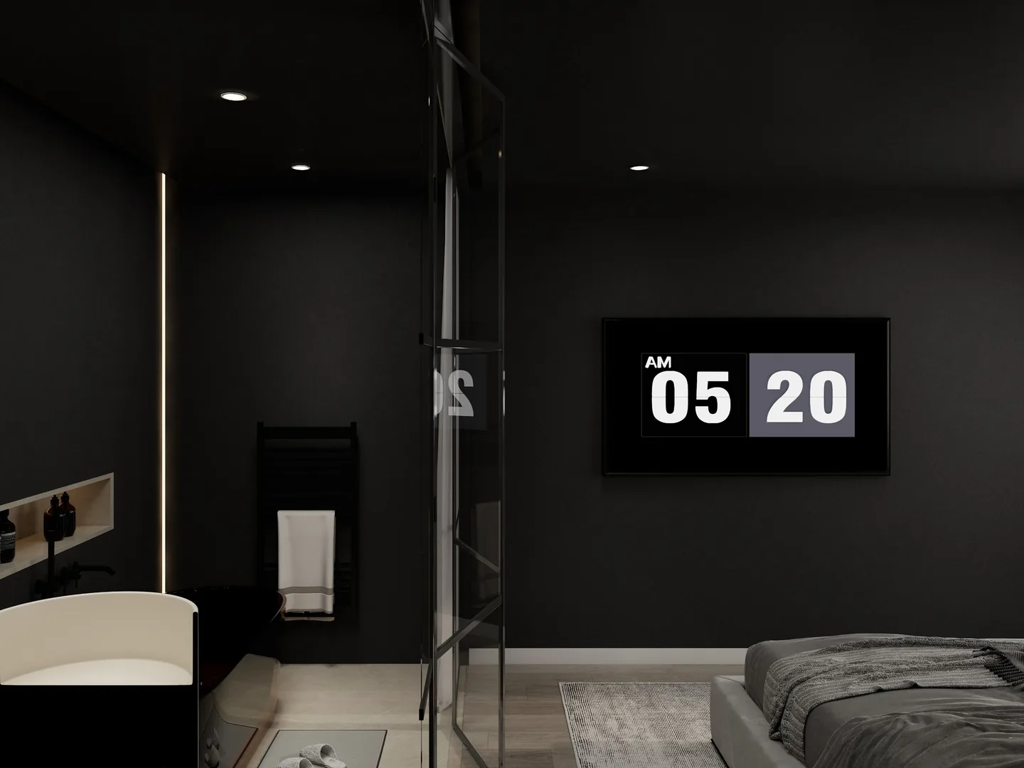 Rendu 3D d’une suite noire : écran affichant l’heure, salle de bains derrière une paroi vitrée, lit gris.