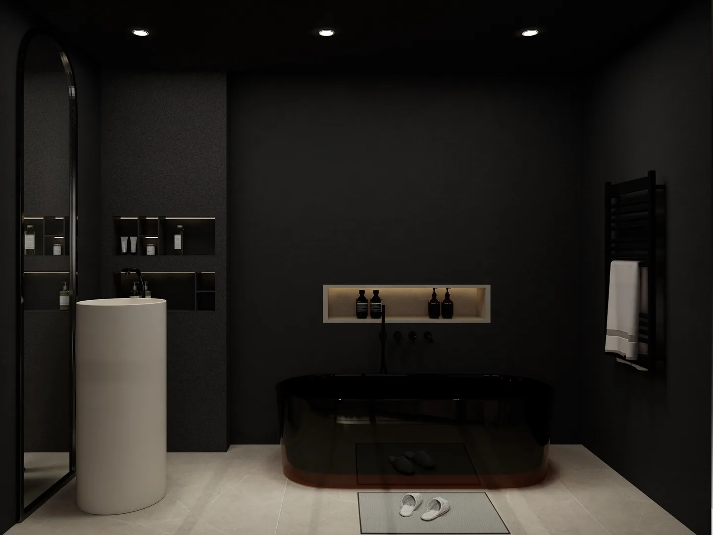 Rendu 3D d’une salle de bains noire : baignoire îlot sombre, vasque colonne blanche, niche éclairée, sèche-serviettes noir.