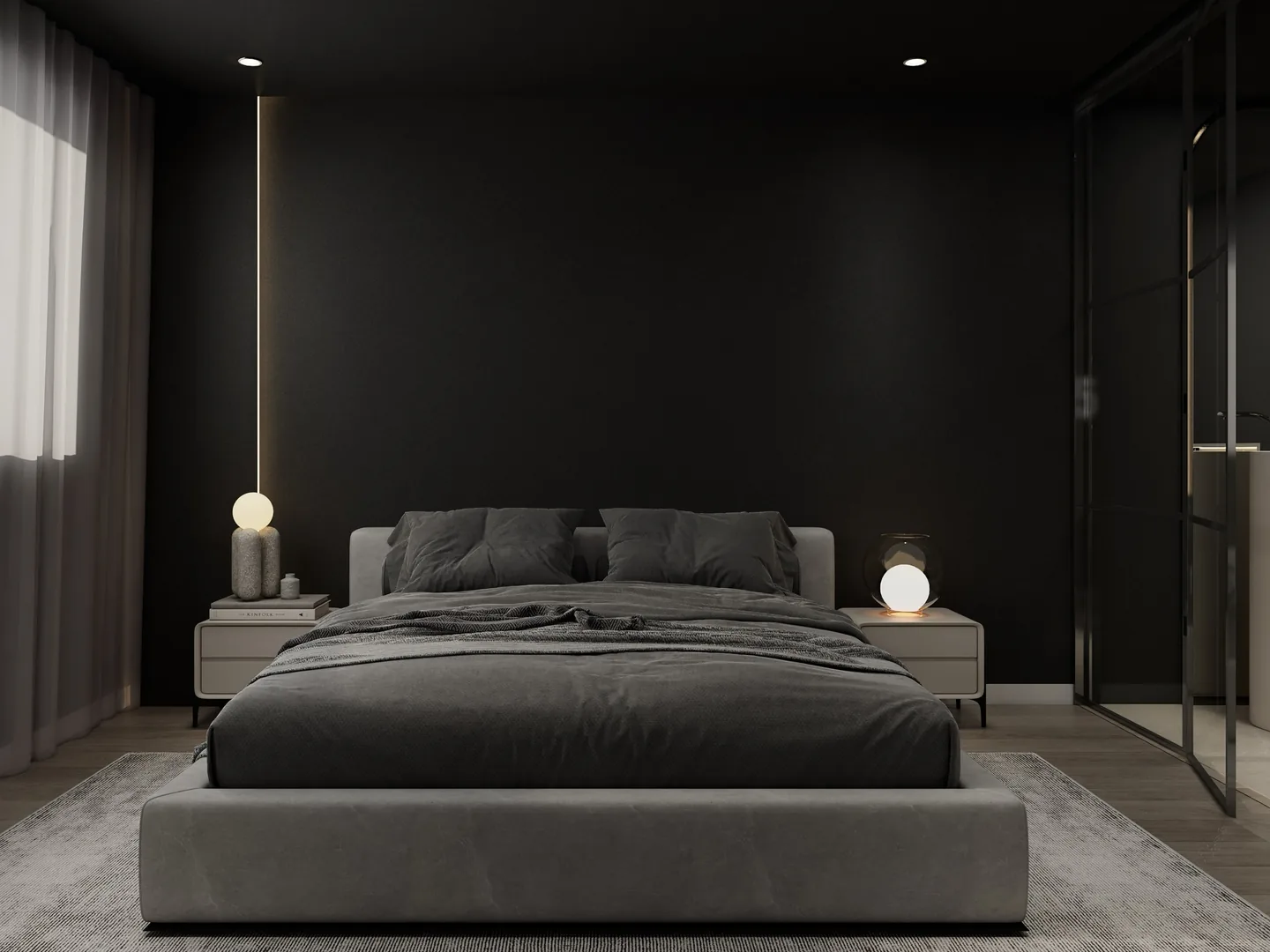Rendu 3D d’une chambre noire : lit gris capitonné, lampes boules de chevet, liseré lumineux vertical, voilages.