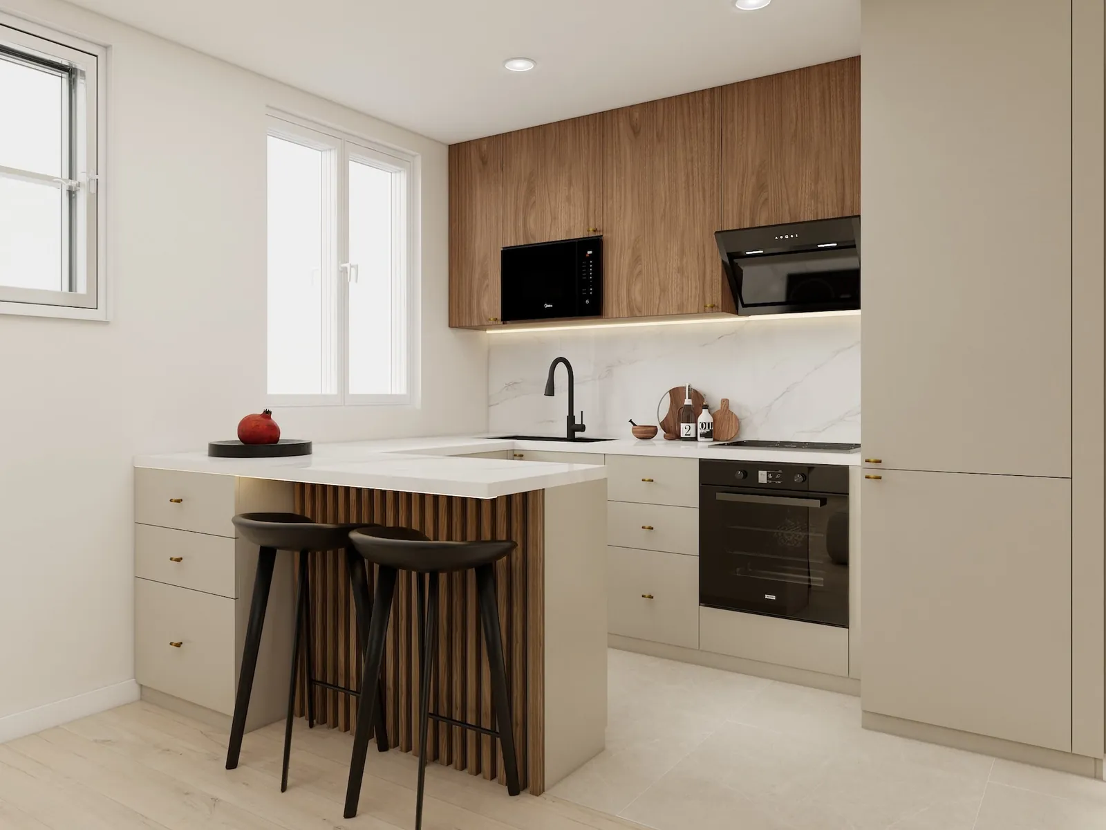Rendu 3D d’une cuisine : meubles hauts en noyer, façades beiges, plan de travail blanc veiné, retour de bar à tasseaux de bois, deux tabourets noirs.