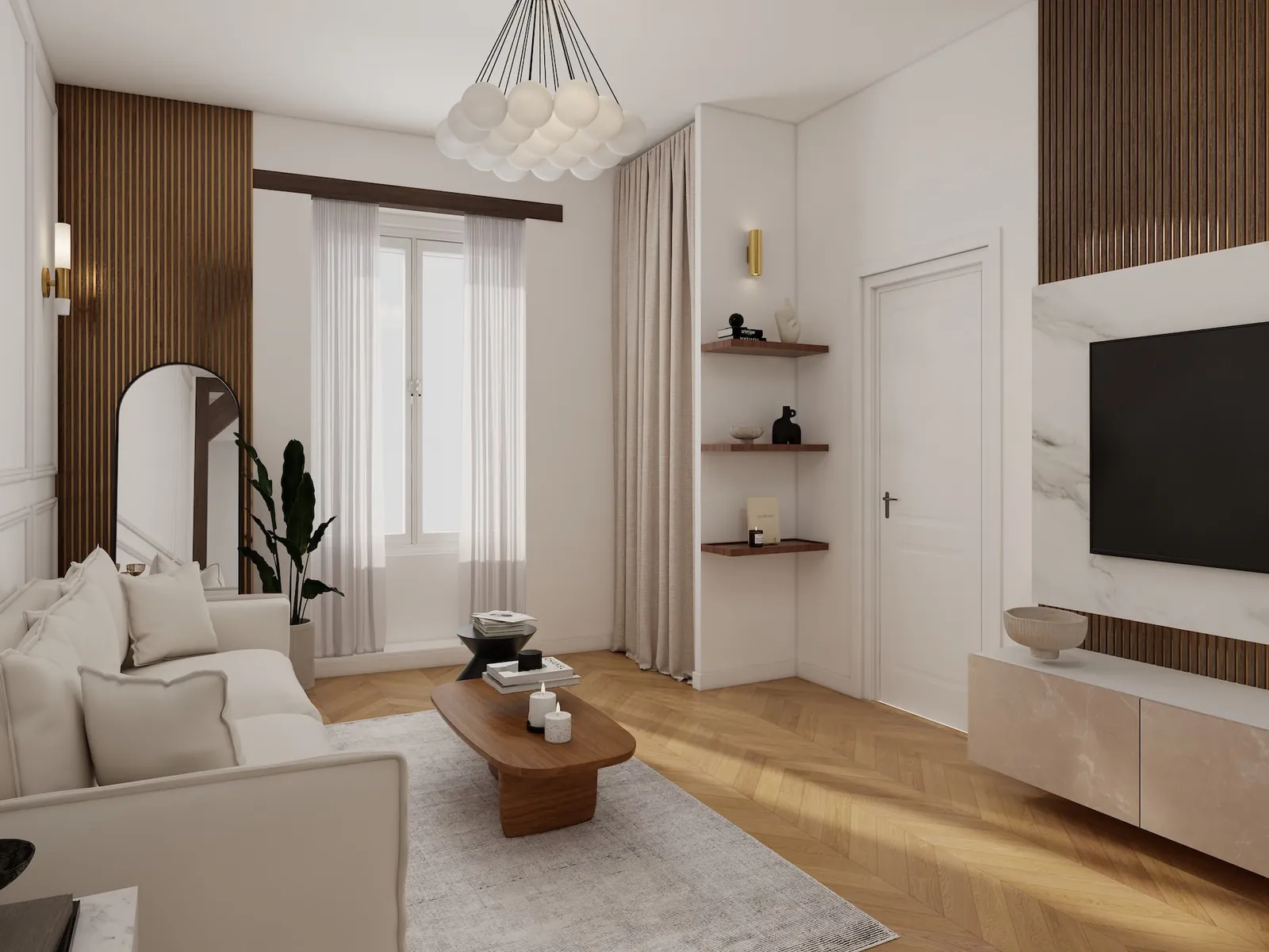 Rendu 3D d’un séjour : canapé crème, suspension en grappe de globes blancs, tasseaux de bois foncé, parquet à chevrons.