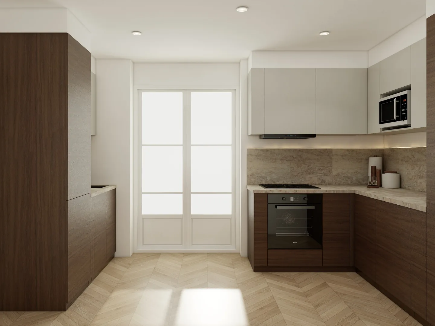 Rendu 3D d’une cuisine : meubles en noyer et façades beiges, crédence en onyx, porte-fenêtre, parquet en chevrons.