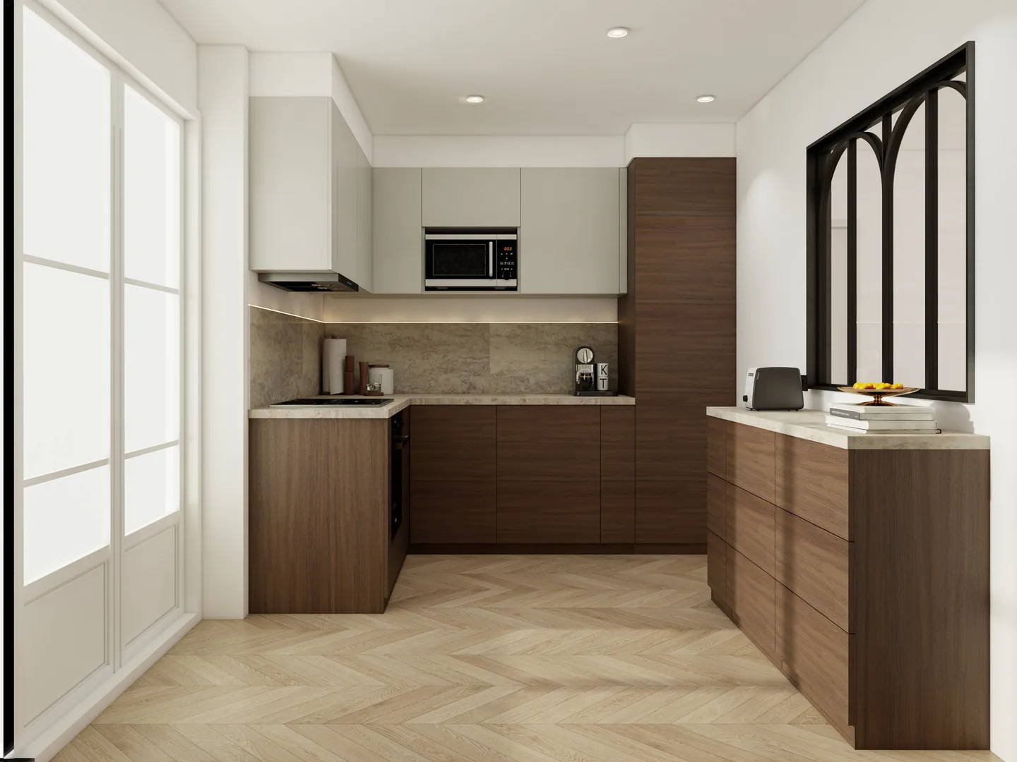 Rendu 3D d’une cuisine : façades en noyer, meubles hauts beiges, verrière noire en arches, porte-fenêtre, parquet en chevrons.