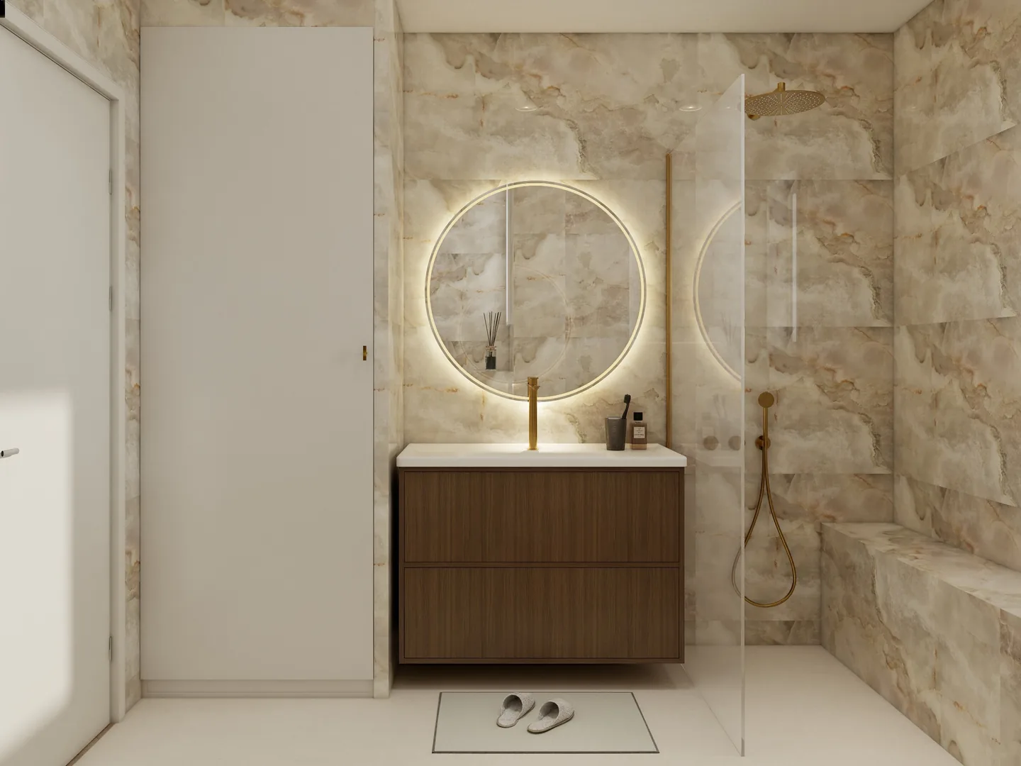 Rendu 3D d’une salle de bains : murs en onyx, miroir rond rétroéclairé, meuble vasque en noyer, douche à l’italienne.