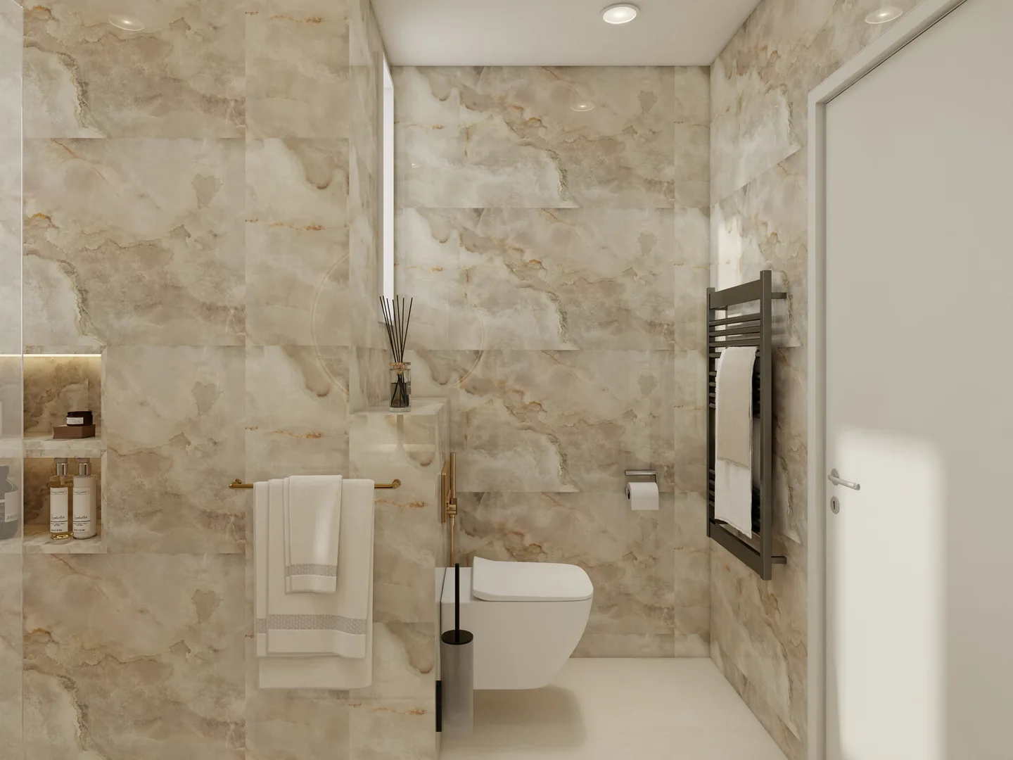 Rendu 3D d’une salle de bains en onyx : niche éclairée, serviettes blanches, sèche-serviettes noir, WC suspendu.