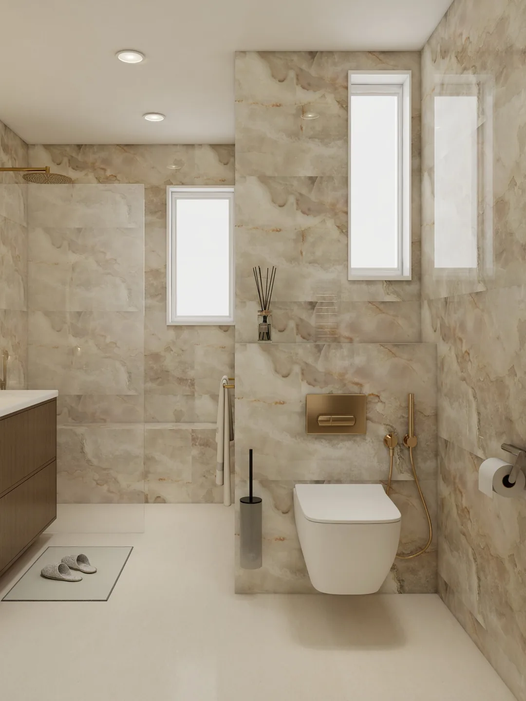 Rendu 3D d’une salle de bains en onyx : fenêtre haute, douche à l’italienne, WC suspendu.